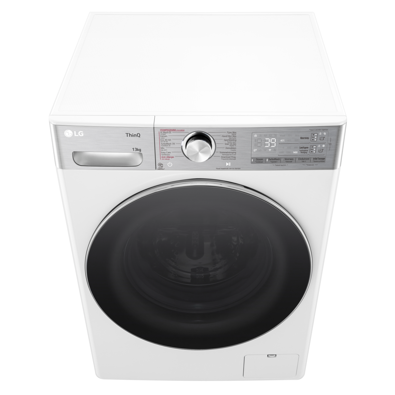 White LG washing machine, top view, showing controls and a dark door.