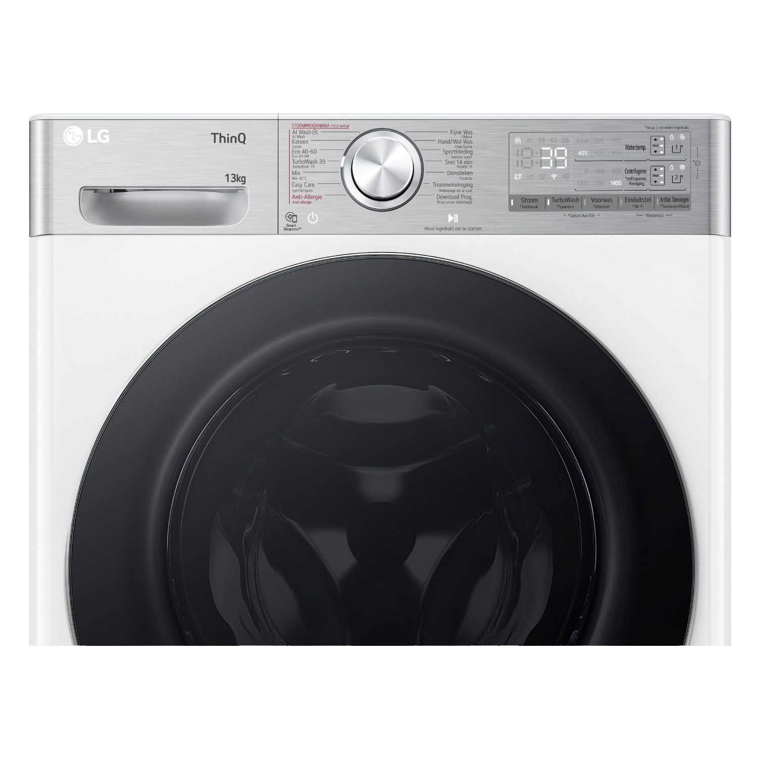 White LG washing machine with a black door and control panel.