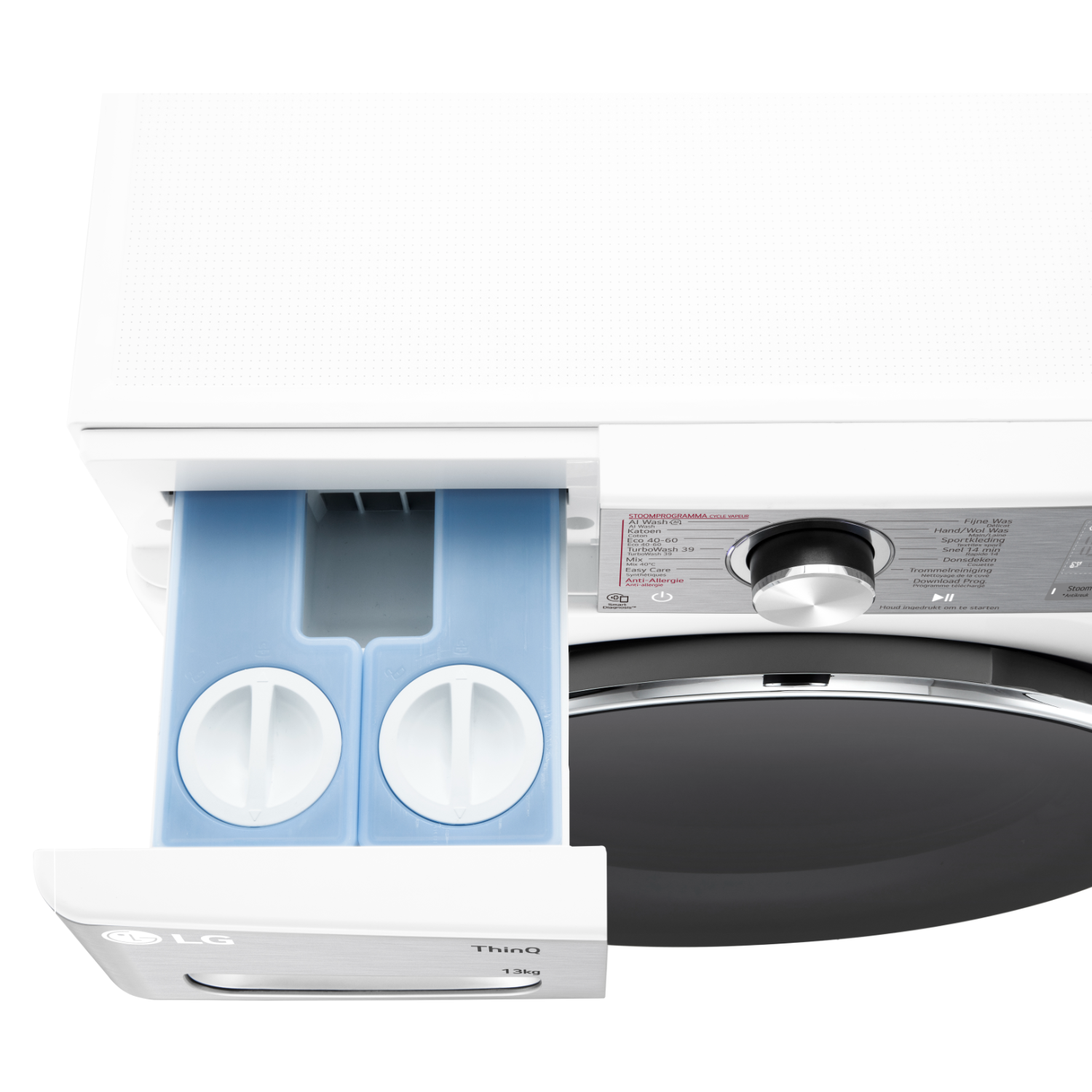 White washing machine with detergent drawer open, close-up.