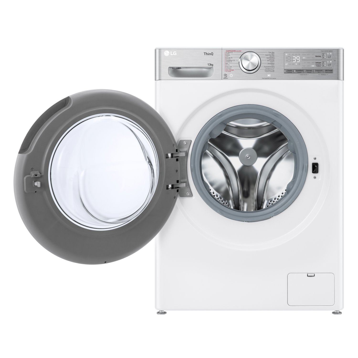 A white washing machine with the door open and the door is gray.