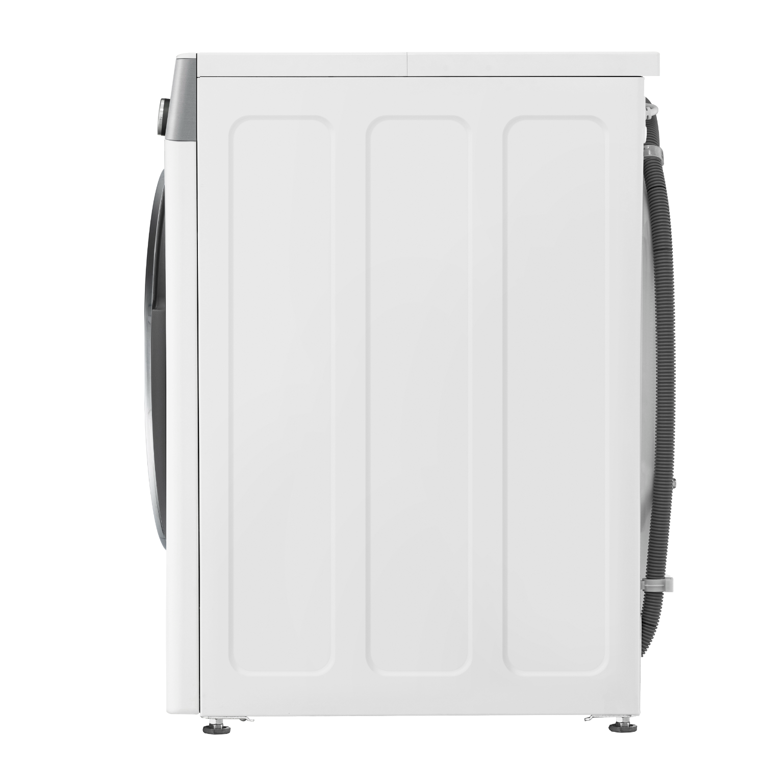 White washing machine, side view, with a hose connected.