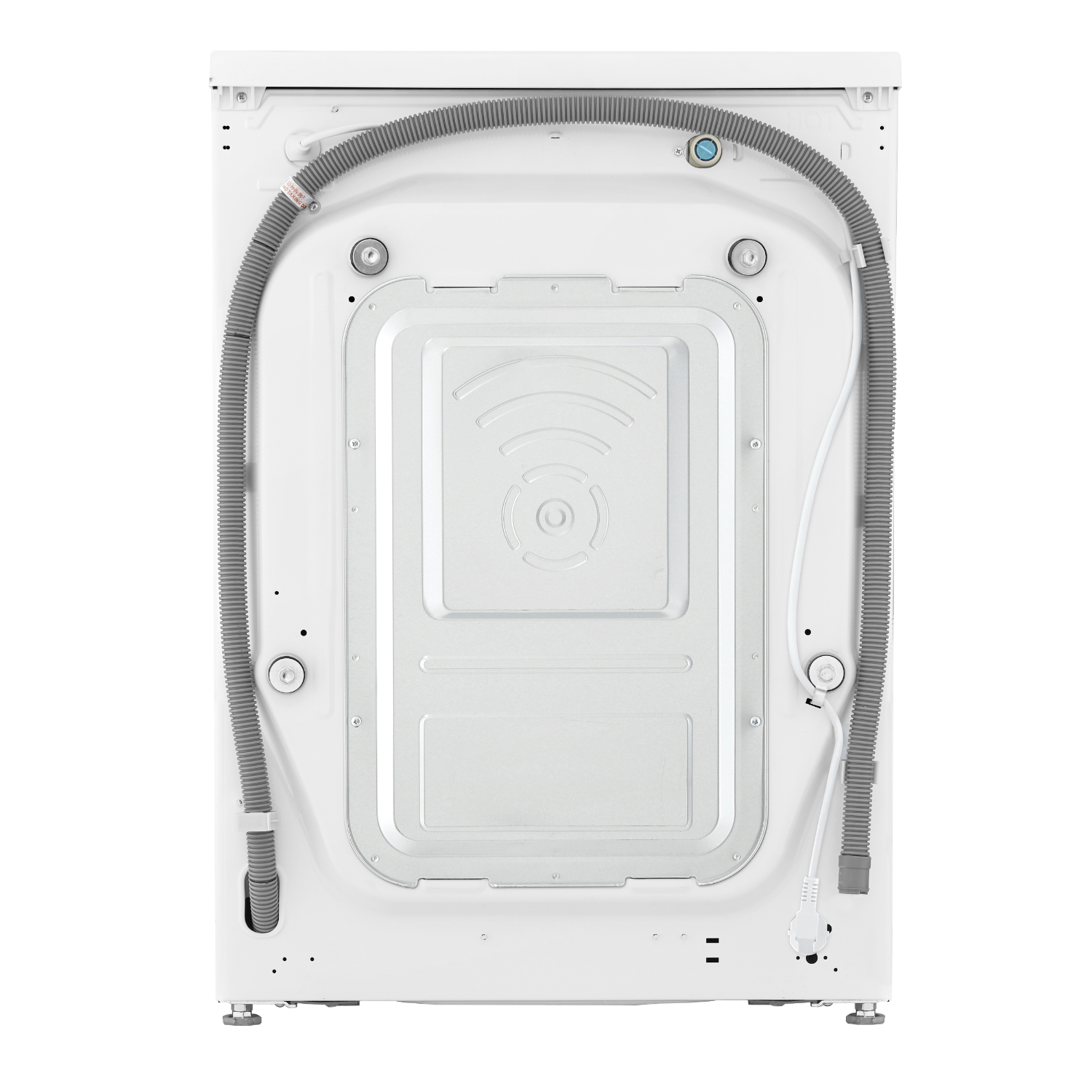 Back view of a white washing machine with a grey hose connected.
