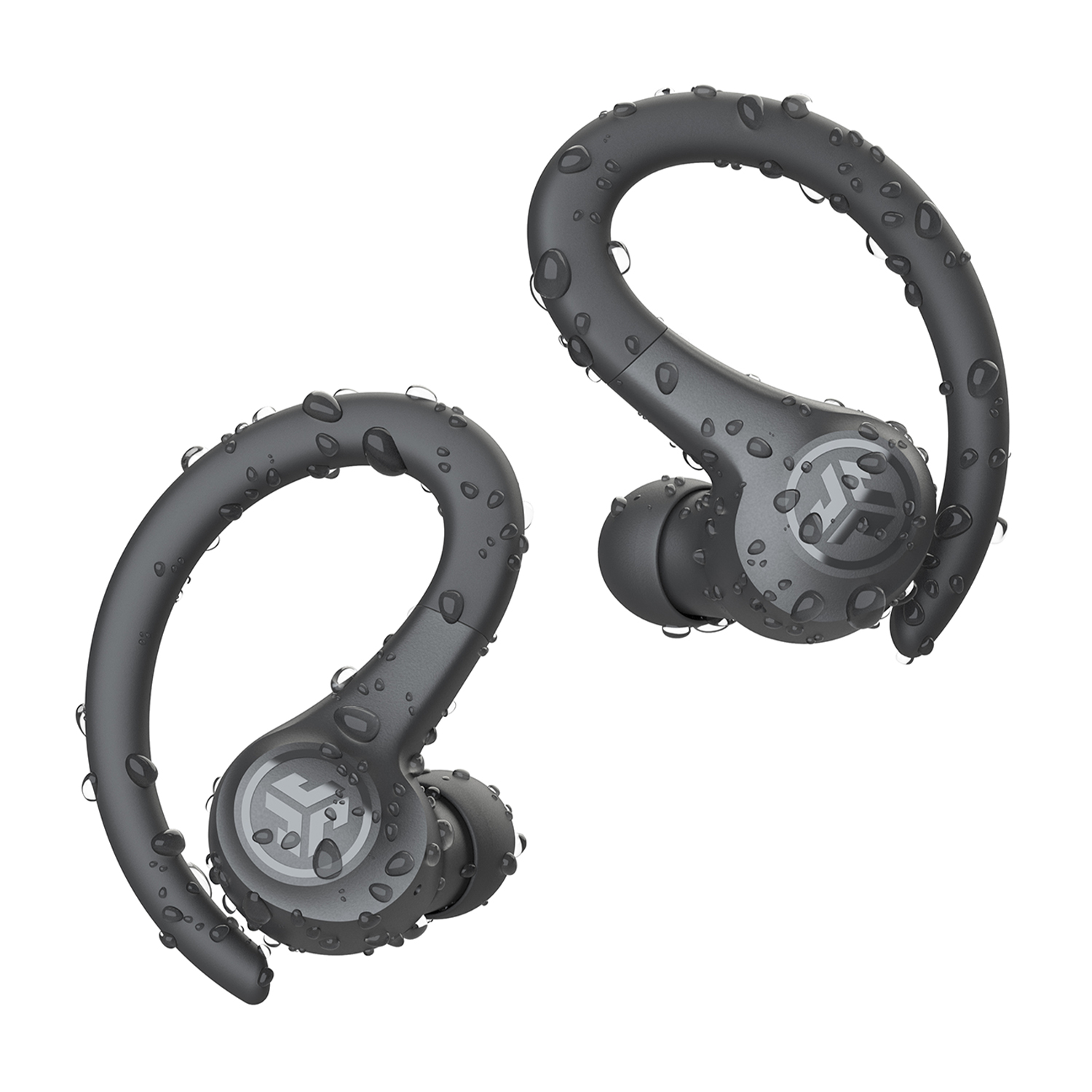 Due auricolari wireless grigi con ganci per le orecchie. Goccioline d'acqua sono visibili.