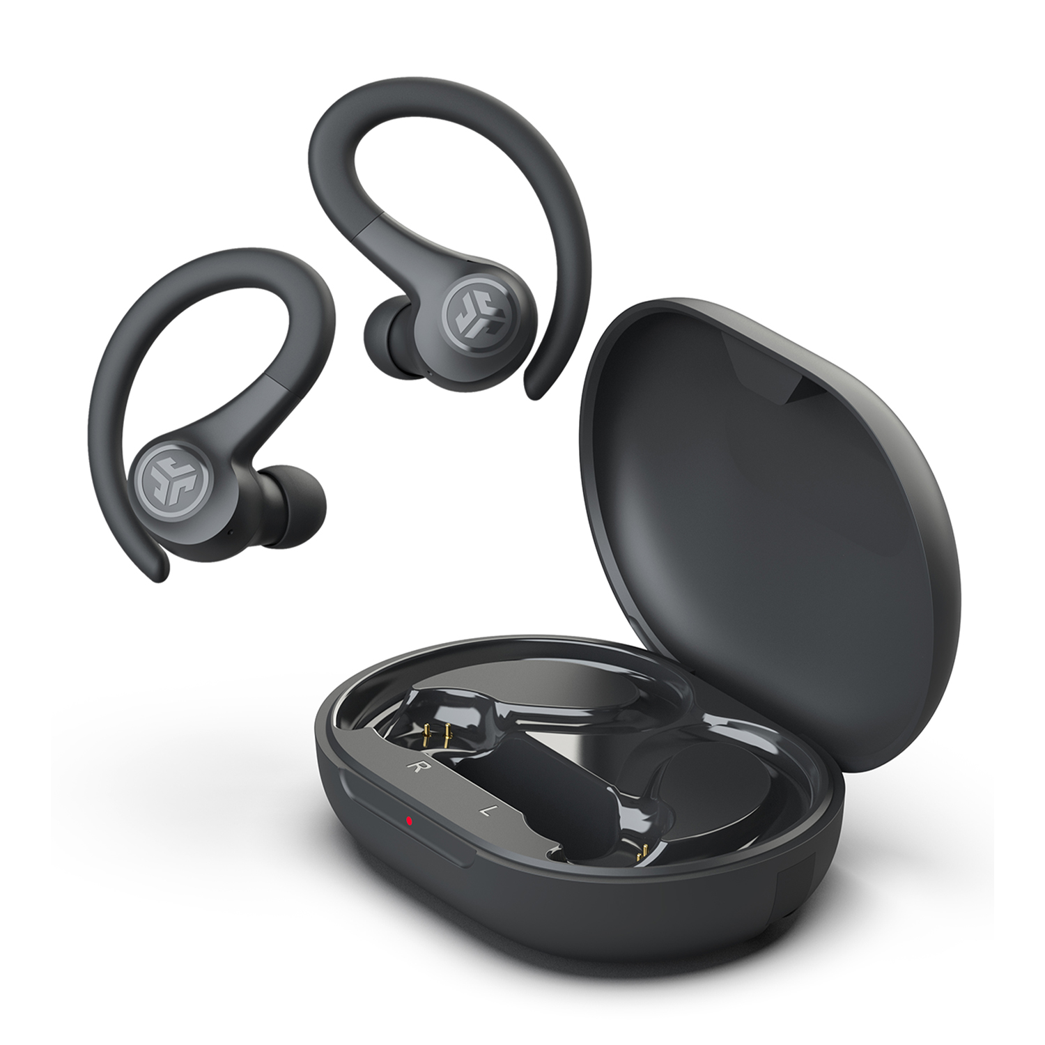Cuffie auricolari nere con ganci per le orecchie e una custodia di ricarica.