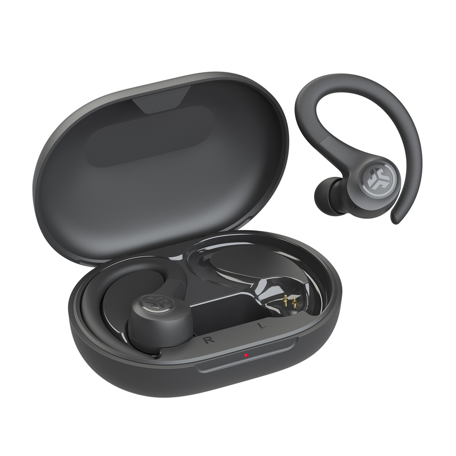 Auricolari wireless grigi in un astuccio di ricarica, un auricolare separato.