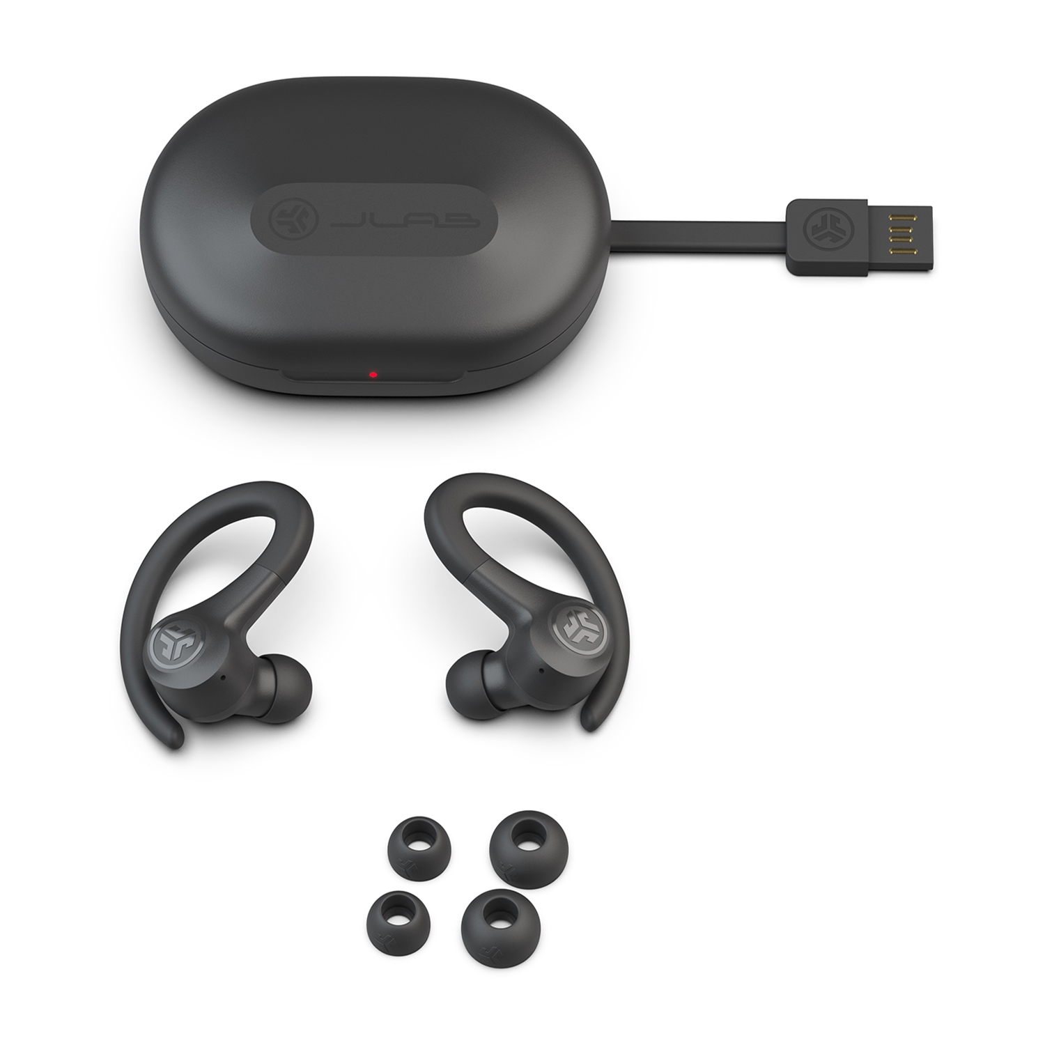 Auricolari wireless neri e custodia di ricarica con cavo USB. Sono presenti anche auricolari extra.