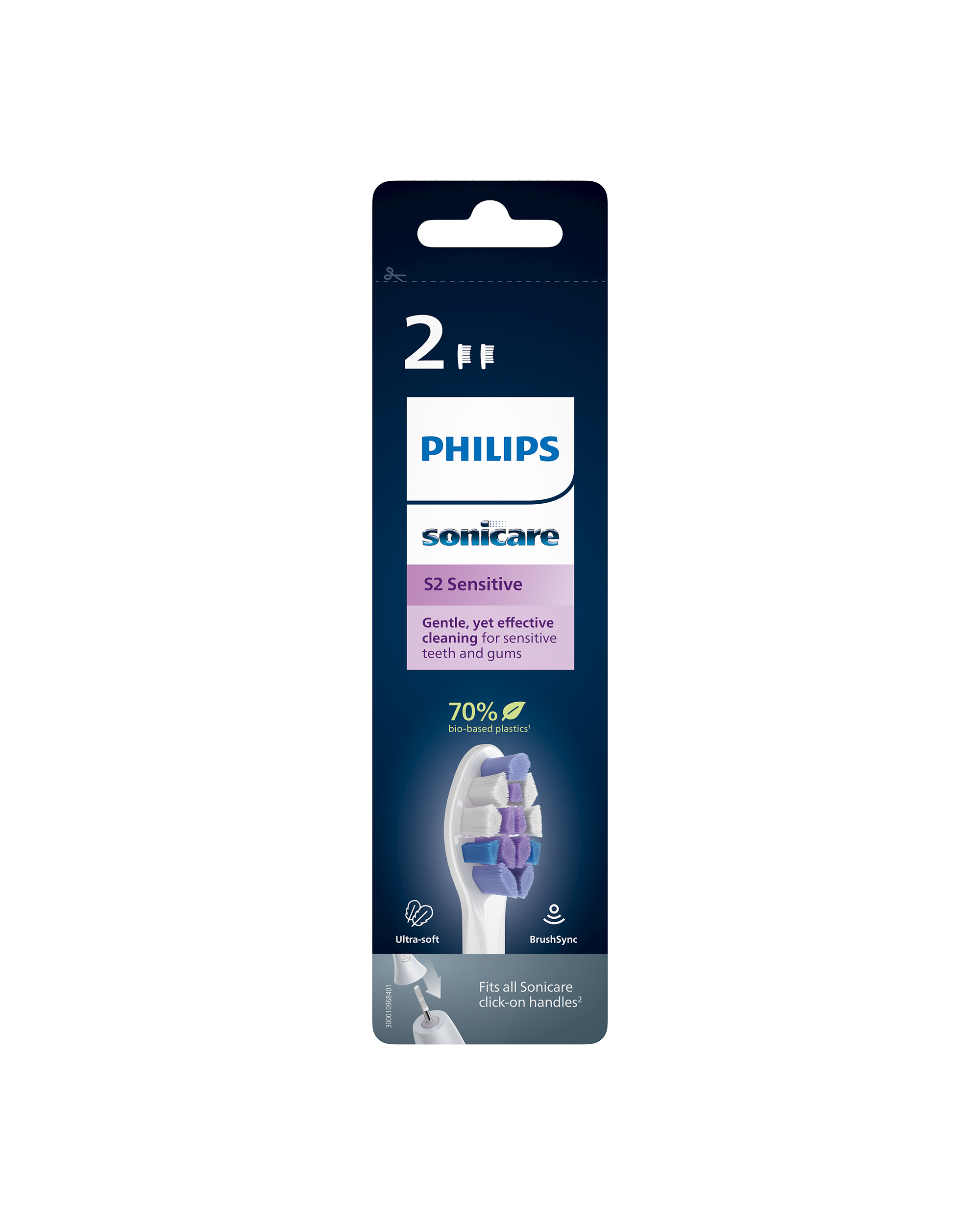 Egy csomag Philips Sonicare S2 Sensitive fogkefe fej. A csomagolás fehér és kék.