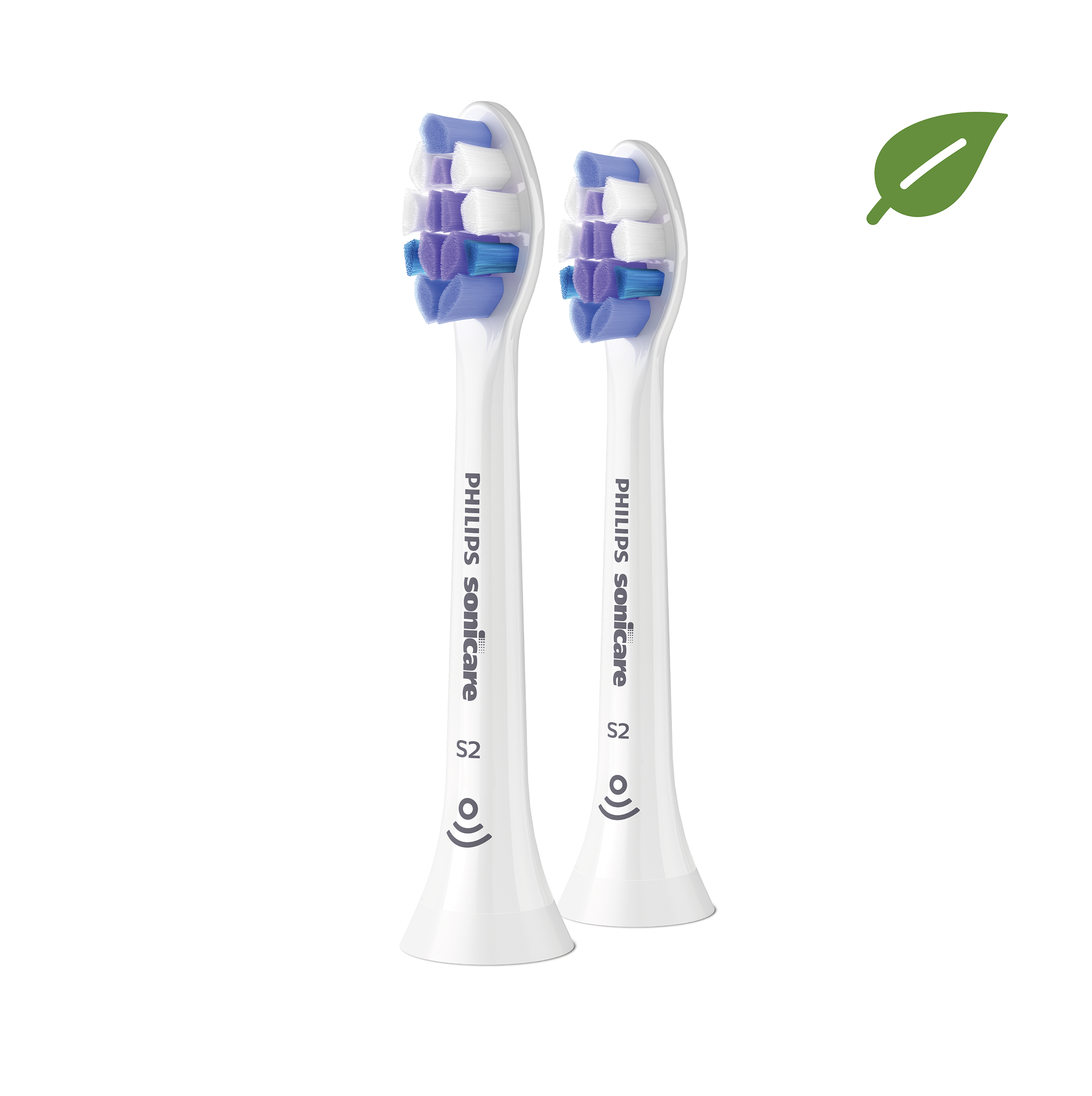 Két fehér Philips Sonicare fogkefefej lila és kék sörtékkel, zöld levél ikon.