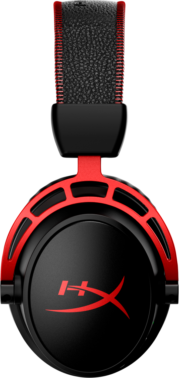 Piros-fekete gamer fejhallgató, HyperX logóval. Fekete háttér.