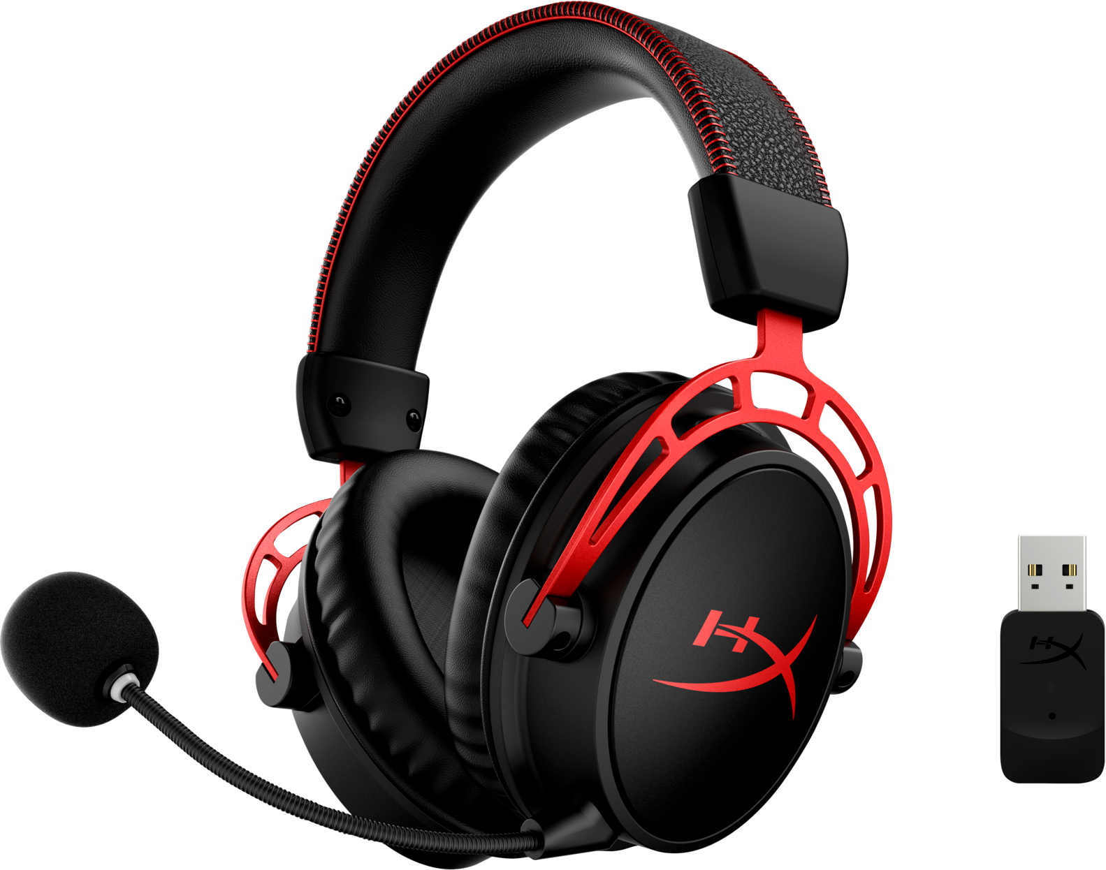 Fekete-piros gamer headset, mikrofonnal és USB vevővel.