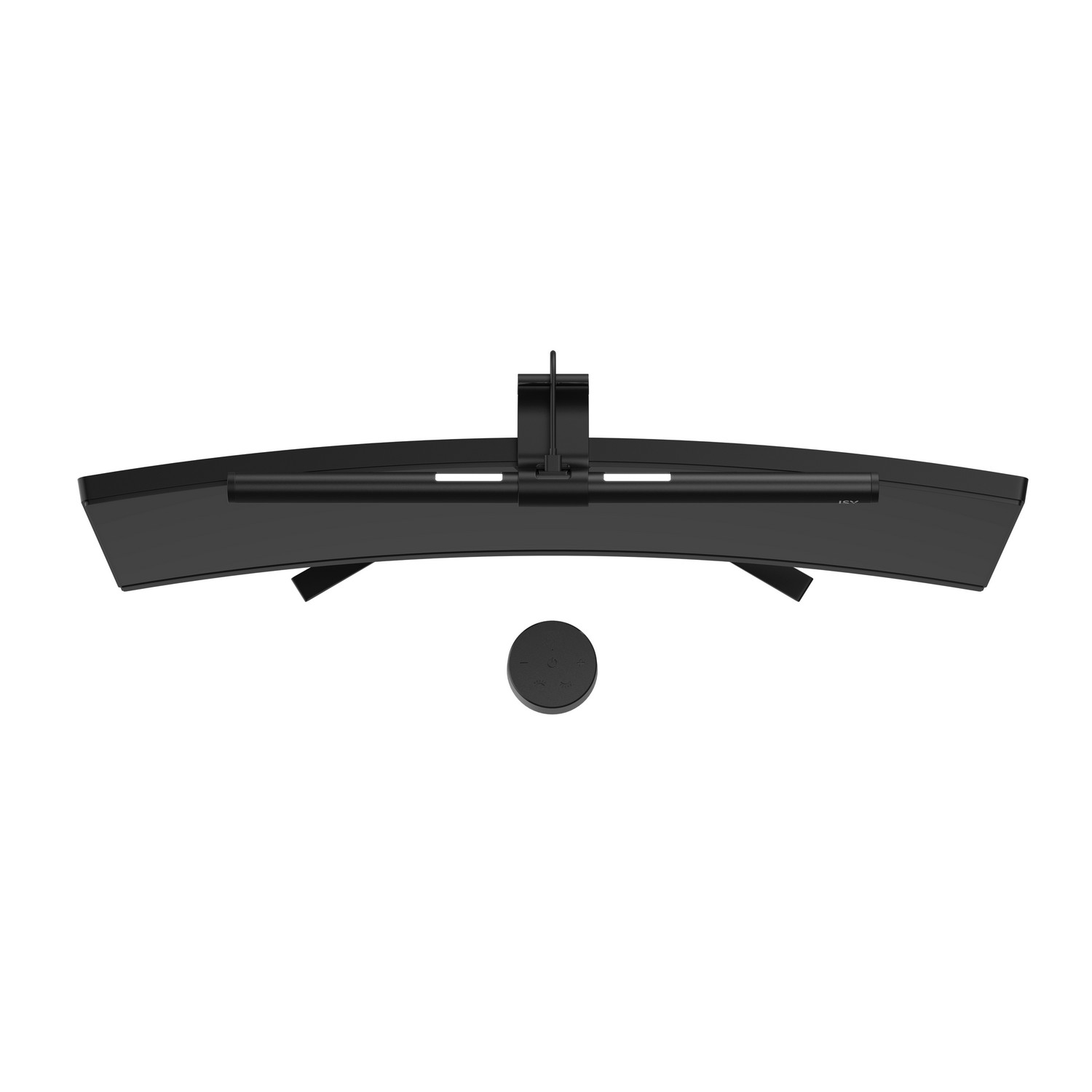 Moniteur d'ordinateur noir incurvé vu de dessus avec contrôle circulaire et support, sur fond blanc.