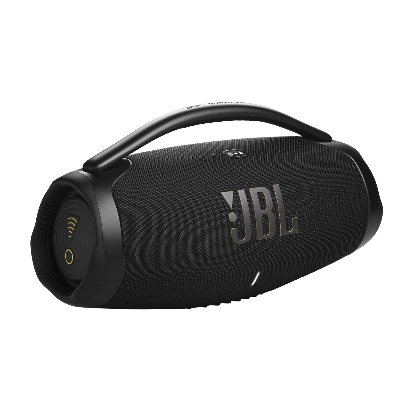 Üstünde bir tutamağı olan siyah JBL hoparlör. File bir tasarıma sahip ve JBL logosu önde görülebiliyor.