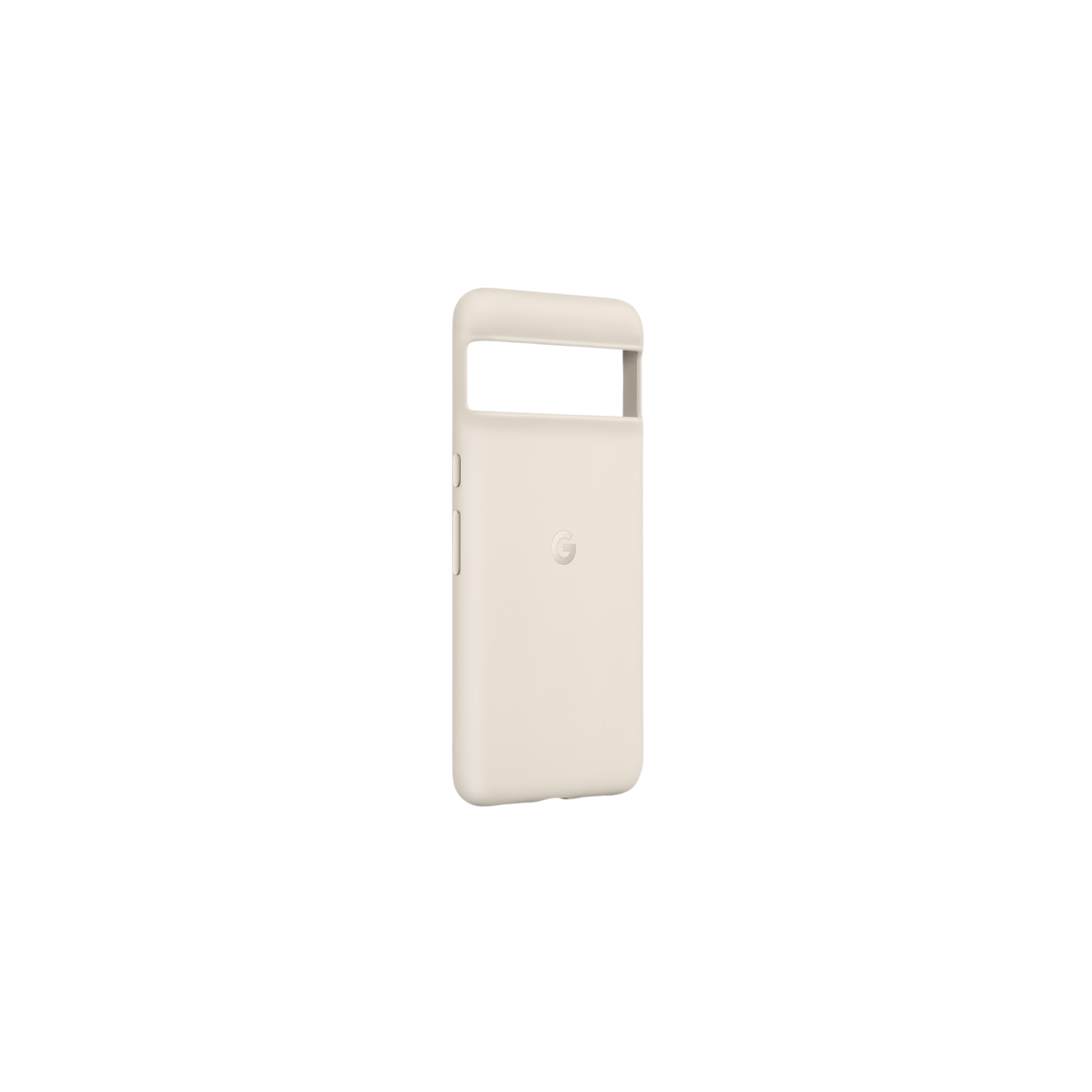 Coque de téléphone blanc cassé. Le dos a un logo Google. Sur fond noir.
