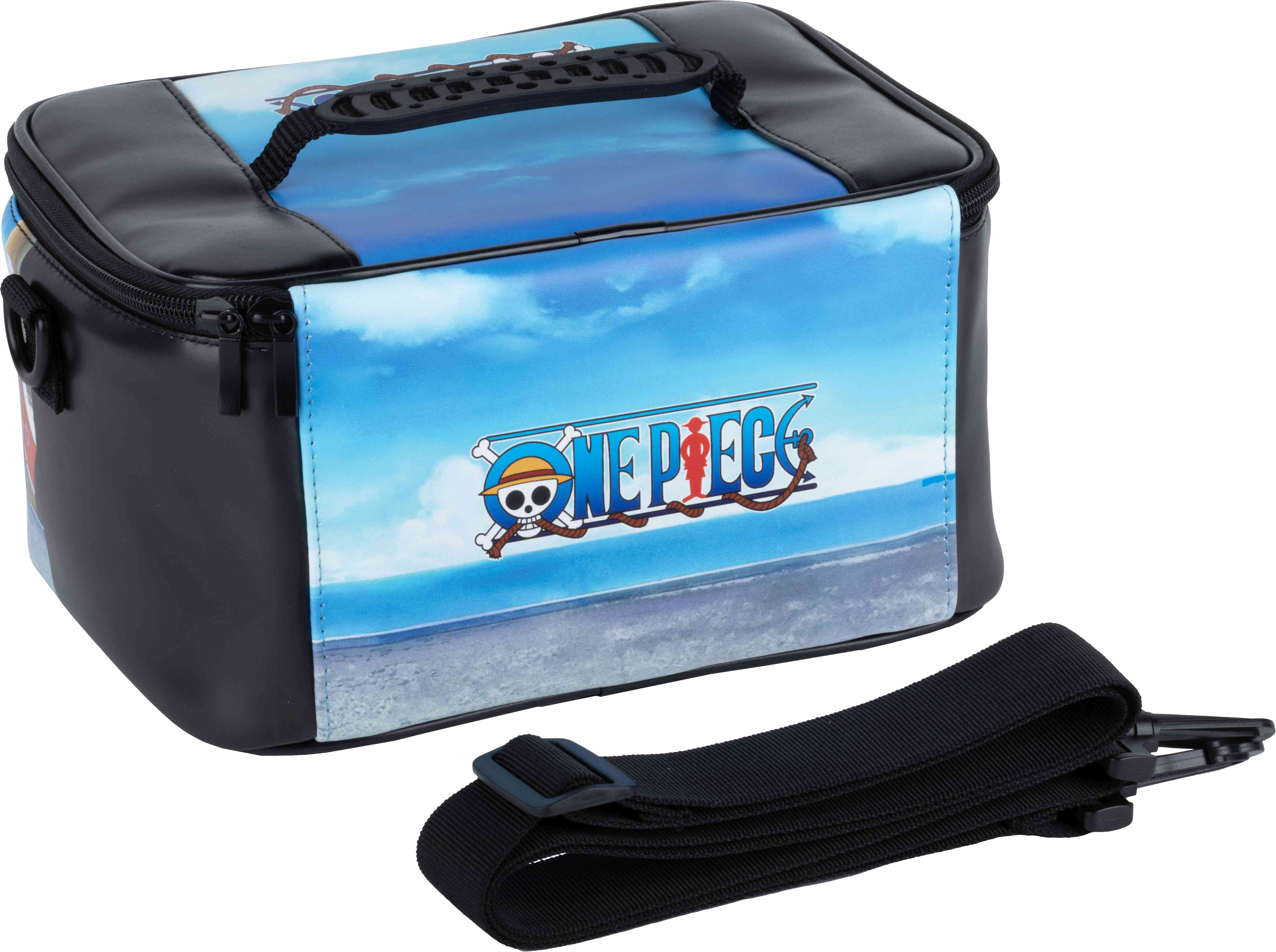 Eine schwarze und blaue One Piece Lunchtasche mit Griff und Schultergurt, mit One Piece Grafiken.