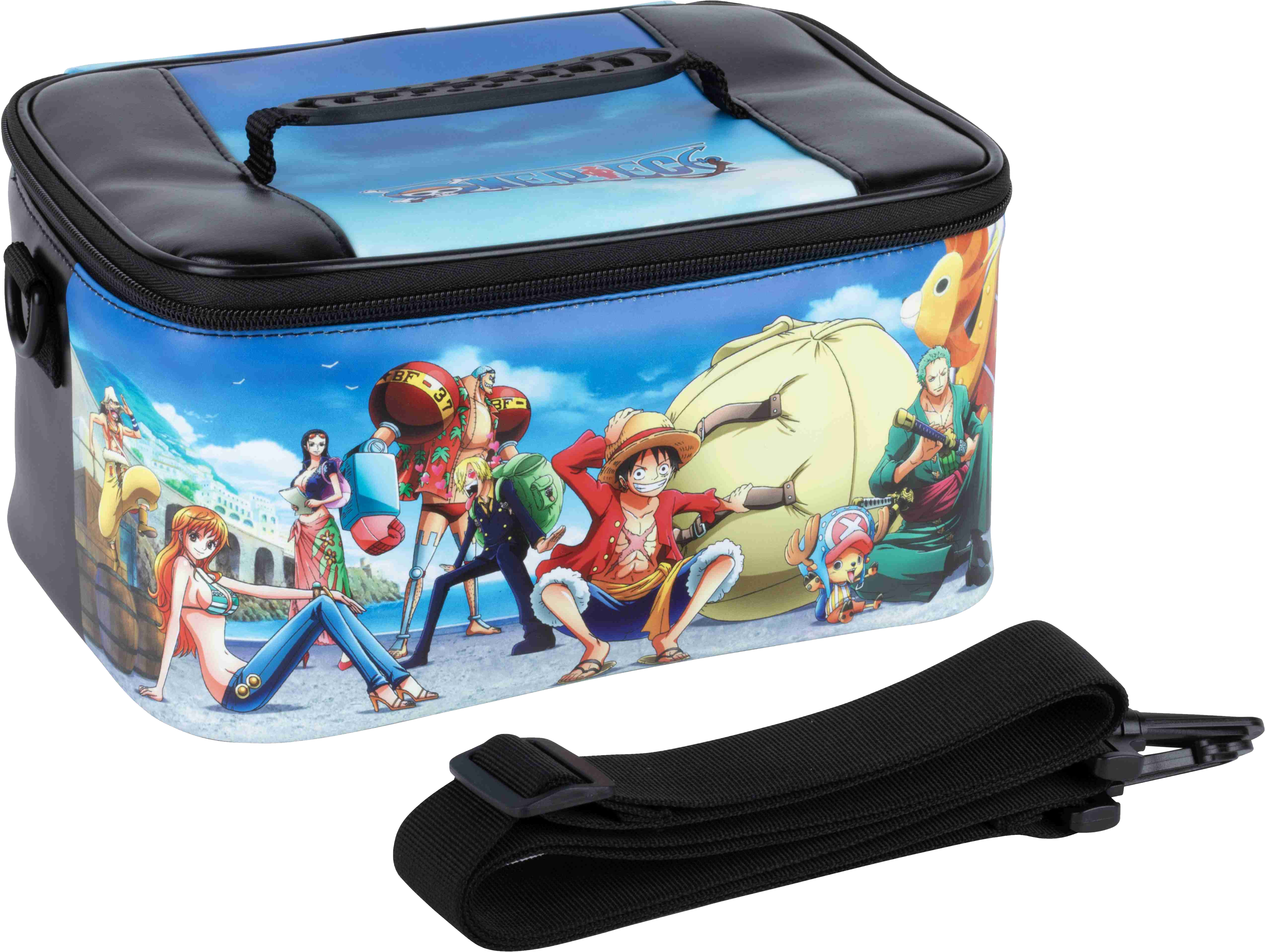 One Piece Lunchbox mit Charakteren darauf.