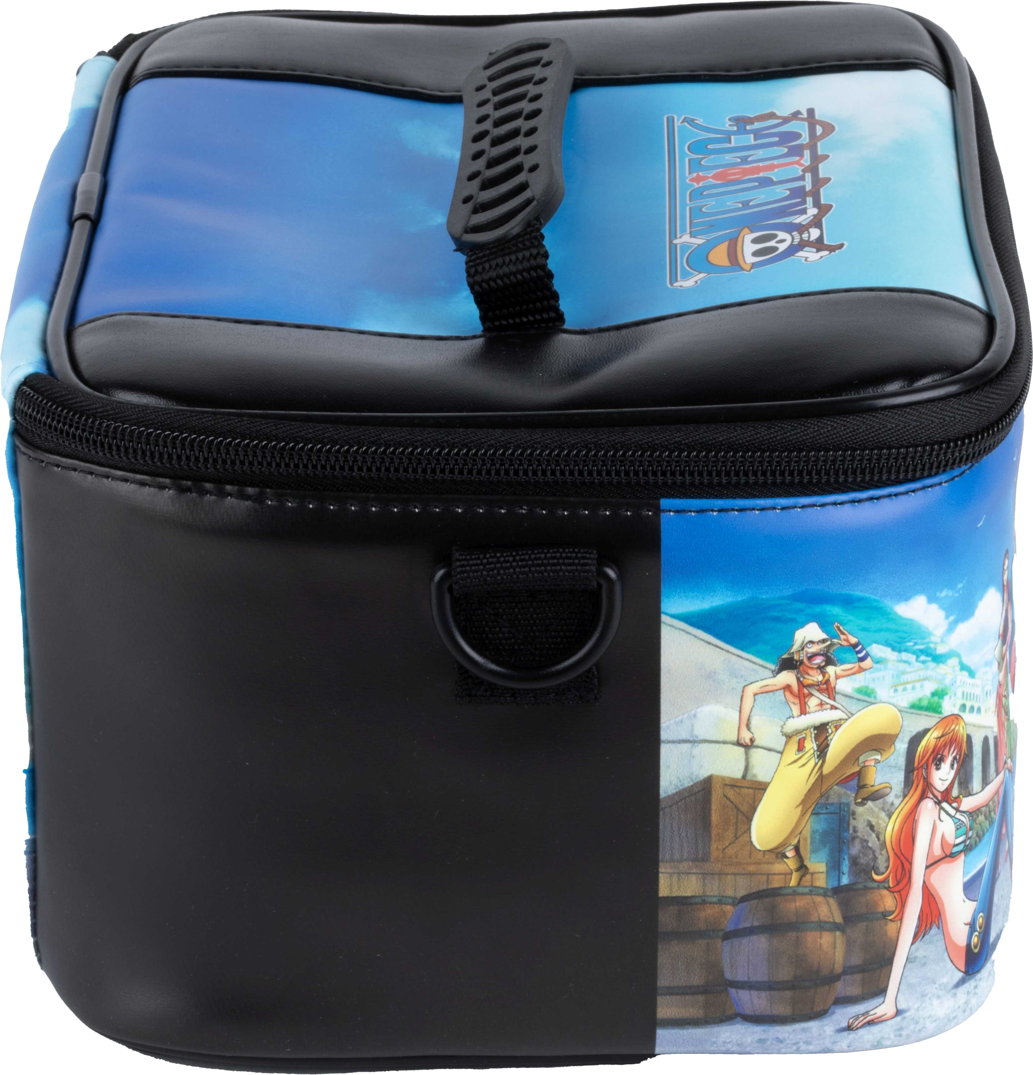 One Piece Kühltasche mit Cartoon-Illustrationen und schwarzem Griff.