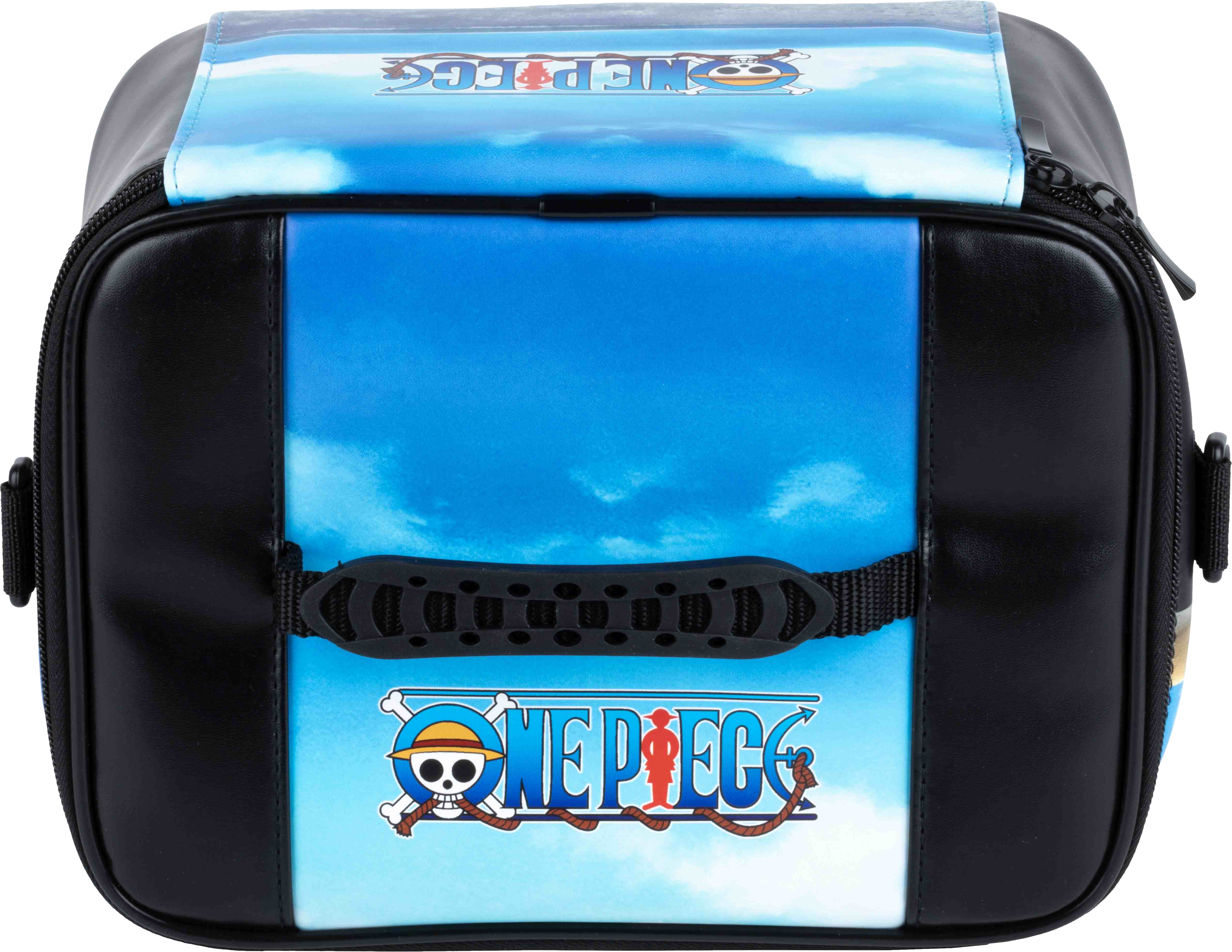 Eine One Piece-Tasche mit Wolkenhimmel-Design. Das Logo ist sichtbar.