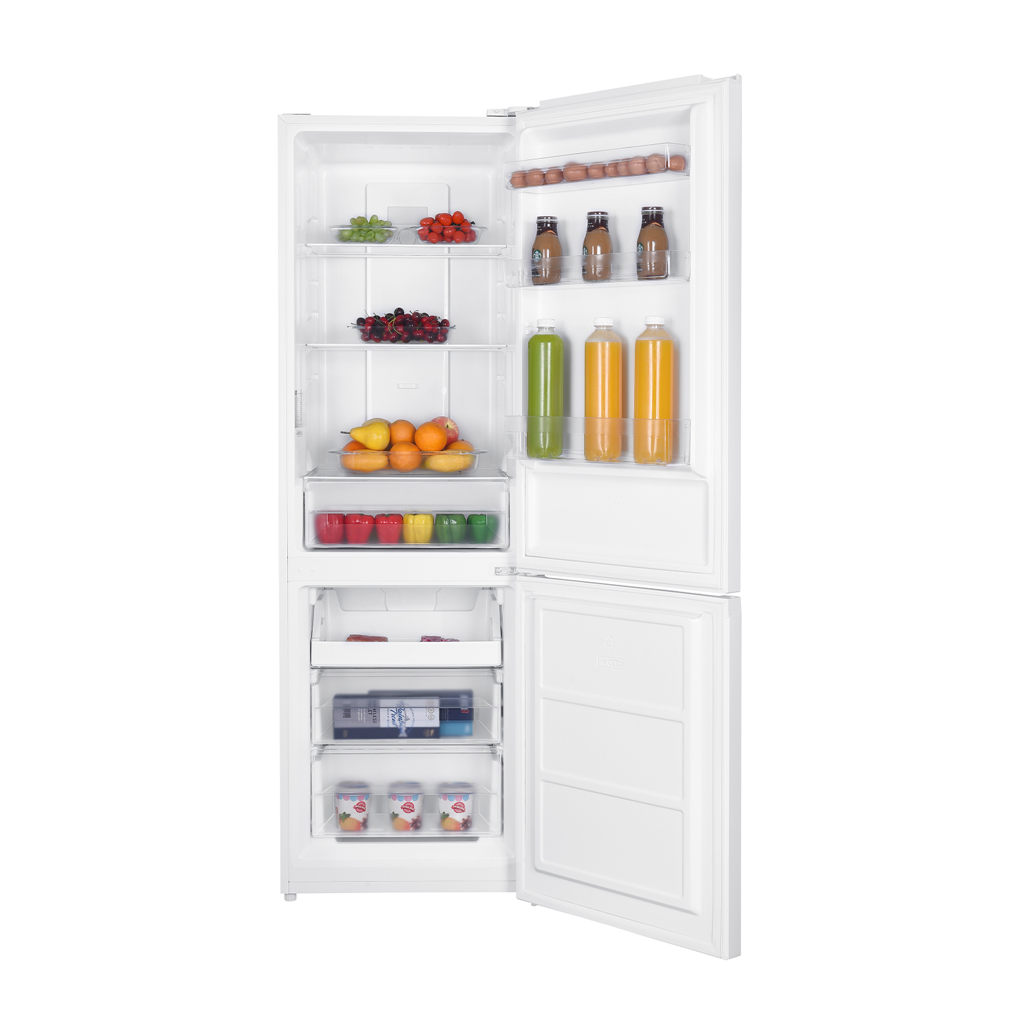 Frigorifero bianco aperto con vari alimenti, tra cui frutta, verdura e bevande.