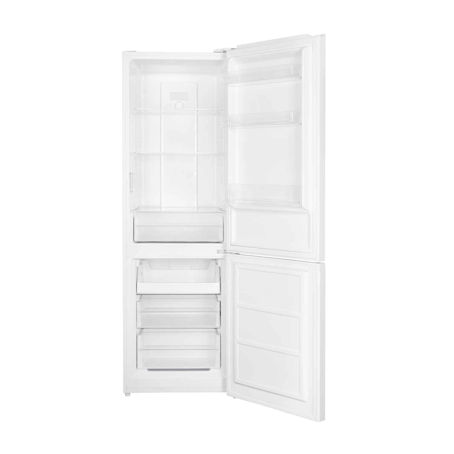 Frigorifero bianco aperto con ripiani e cassetti. Porta aperta lateralmente. Sfondo bianco.