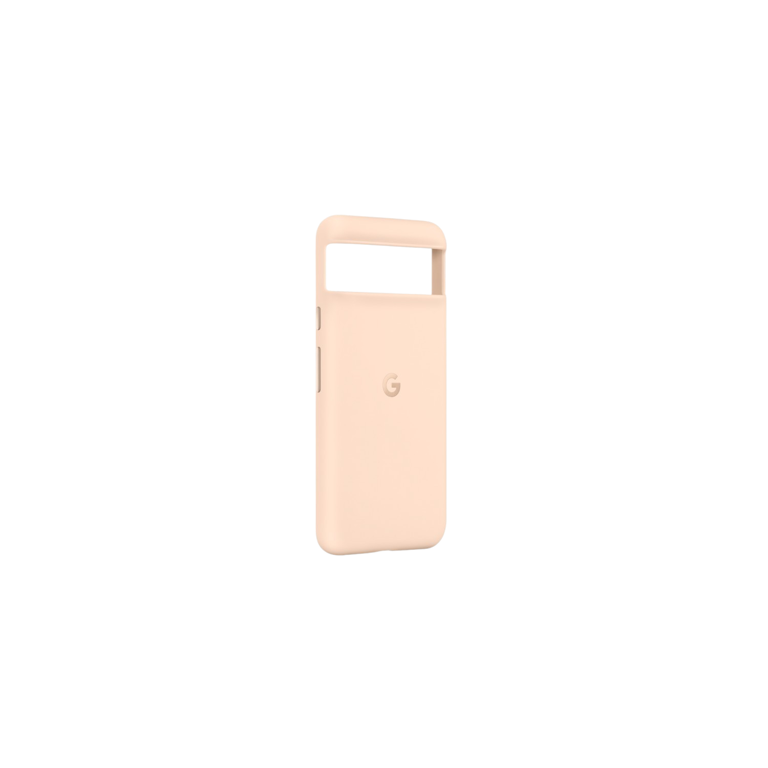 Een beige Google Pixel telefoonhoesje. Het Google-logo is zichtbaar.