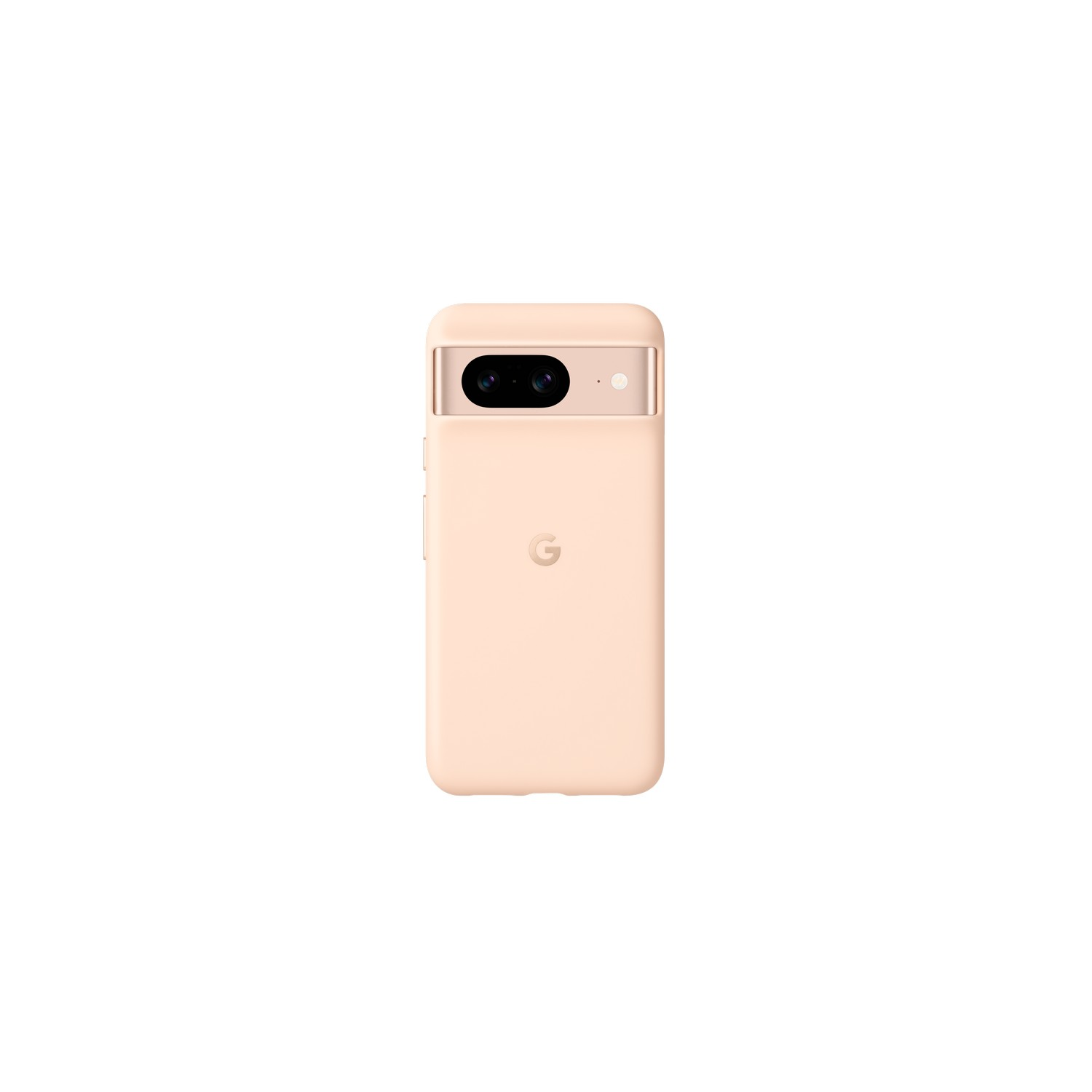Een perzikkleurige telefoonhoes voor een Pixel 7, met de camerabalk en het Google-logo.