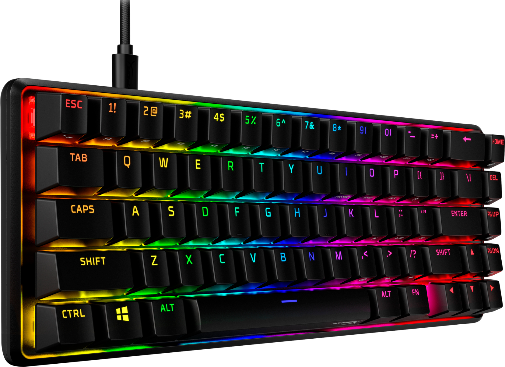 Fekete gamer billentyűzet színes LED-es lámpákkal, a billentyűk RGB-vel világítanak.