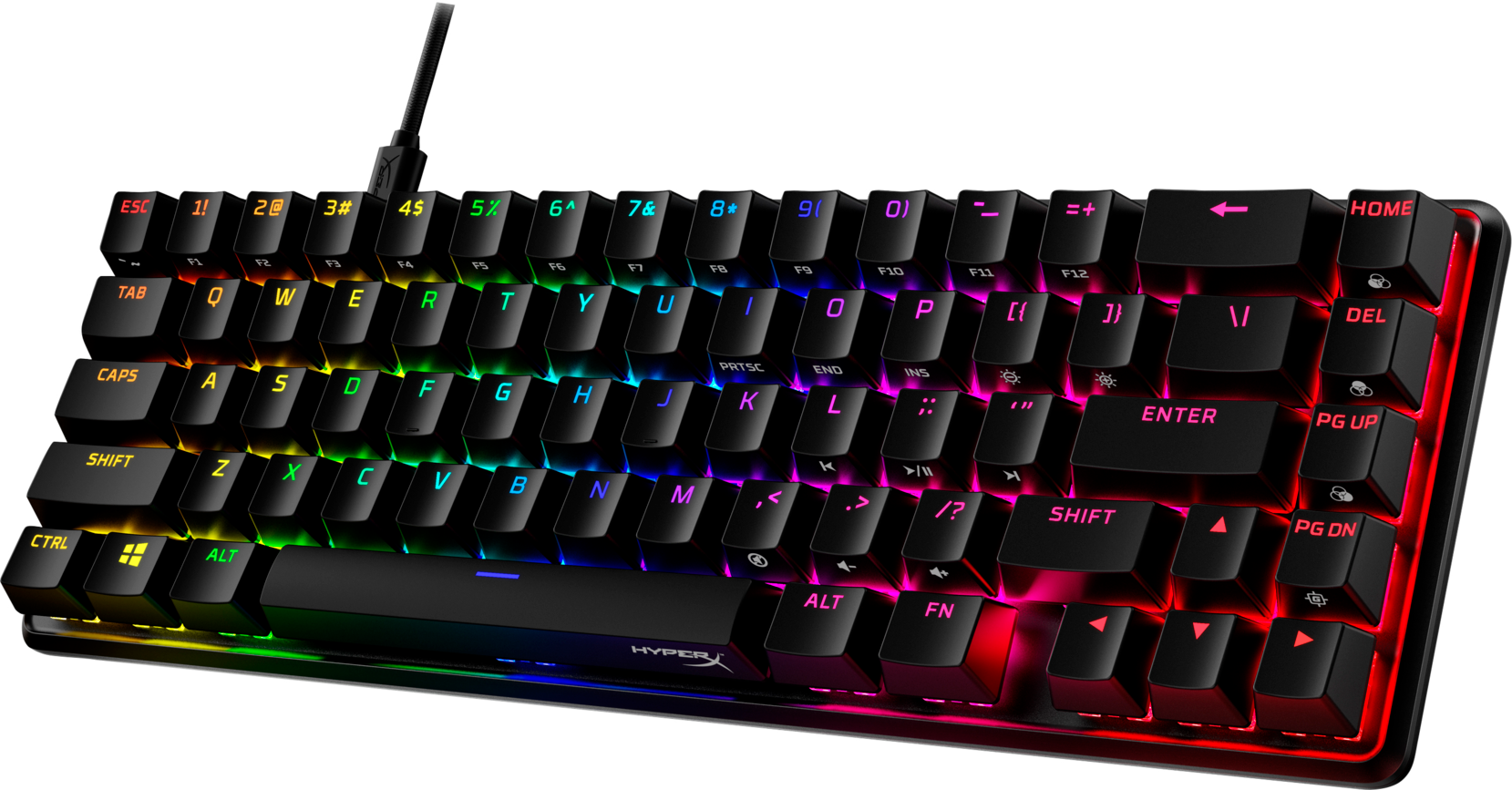 Egy fekete és RGB billentyűzetet felülről mutatnak, az elején a HyperX felirattal.