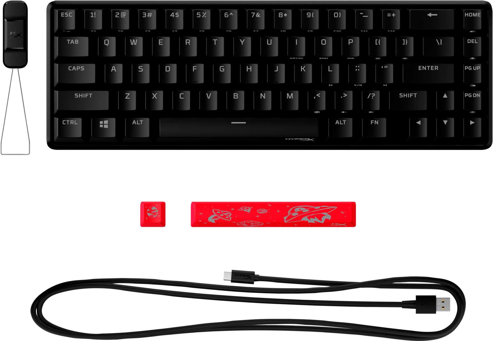 Fekete billentyűzet, extra billentyűkkel és kábellel. HyperX márkanév látható.