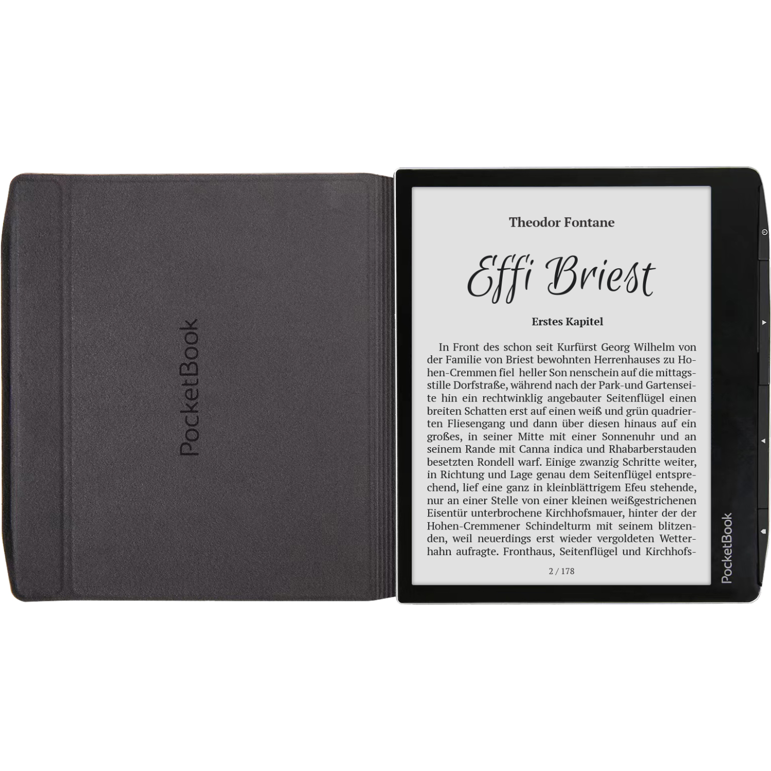 Een e-reader open op een pagina, met een zwarte hoes ernaast.