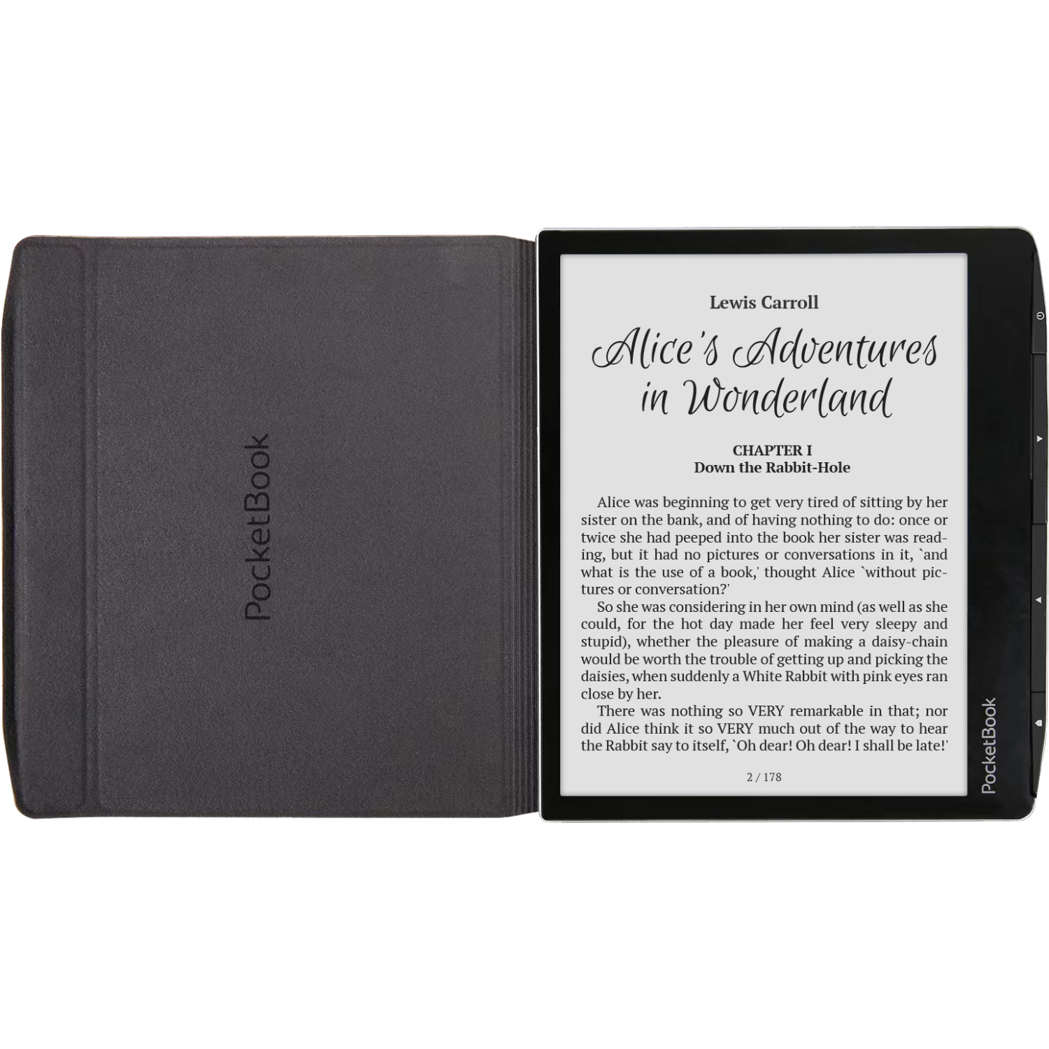 Een open boek met een omslag. De rechterpagina toont tekst uit "Alice in Wonderland".