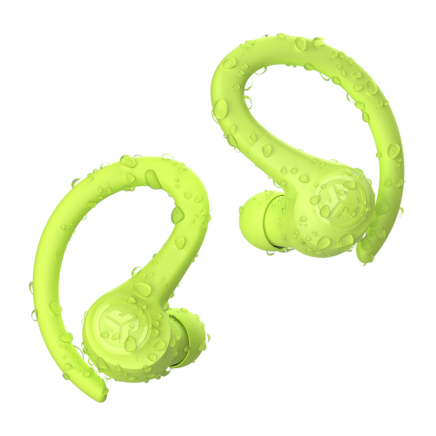 Auricolari wireless verde lime con goccioline d'acqua, con design ad uncino e logo.