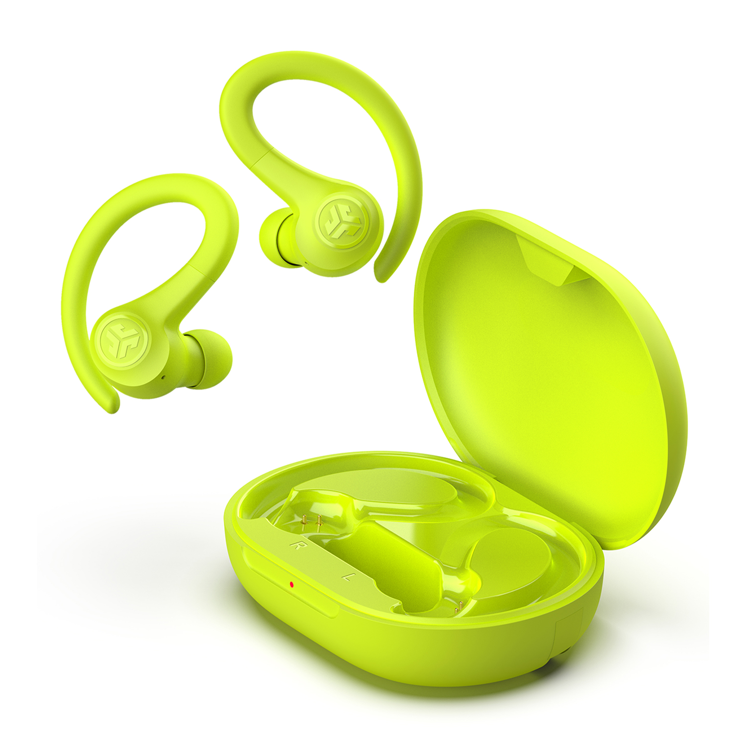 Auricolari wireless verde lime con custodia di ricarica. Auricolari con ganci. Custodia aperta.