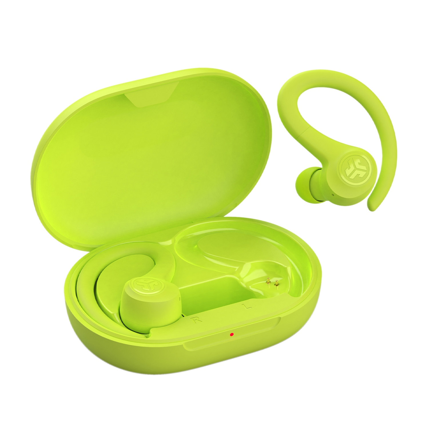 Auricolari e custodia di ricarica verde lime. Un auricolare è fuori dalla custodia. Sfondo bianco.