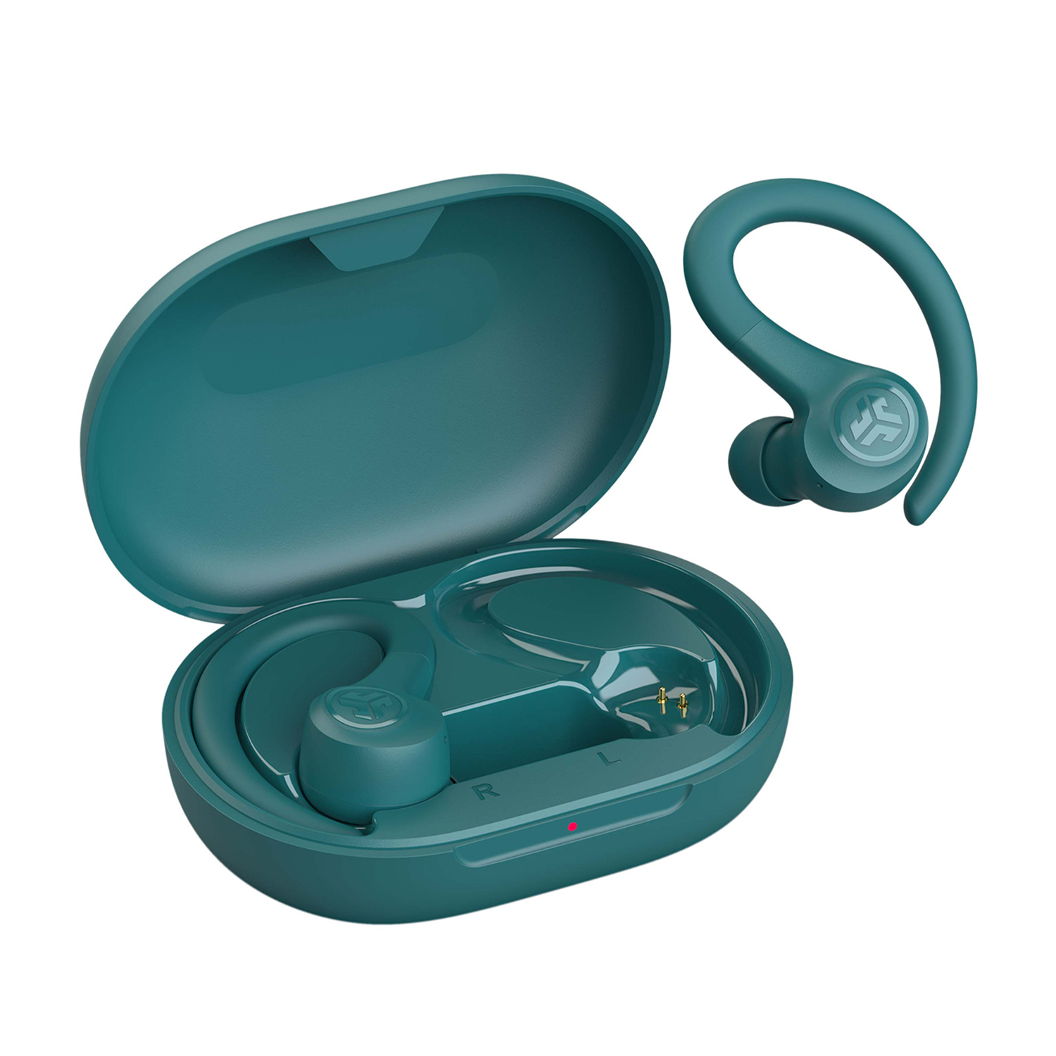 Auricolari e custodia verde acqua, aperti. Auricolare con gancio visibile.