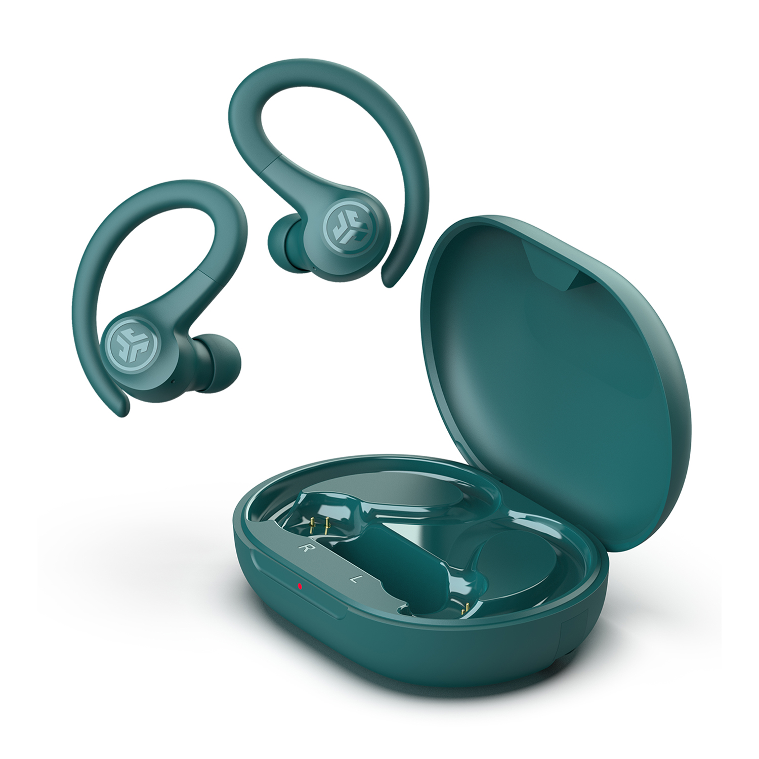 Auricolari verde acqua con ganci per le orecchie e custodia di ricarica verde acqua aperta.