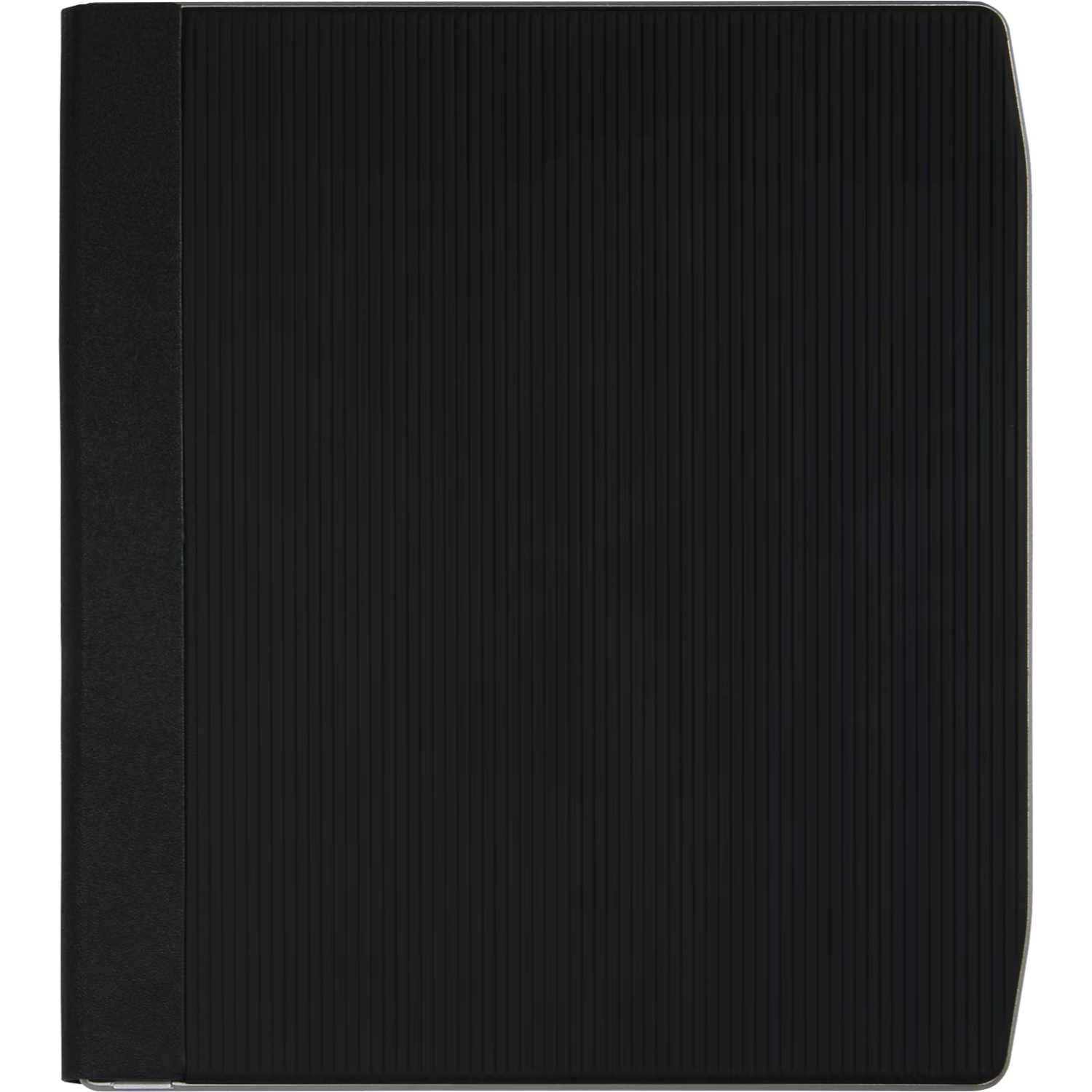 Close-up of a black, textured notebook or folder.