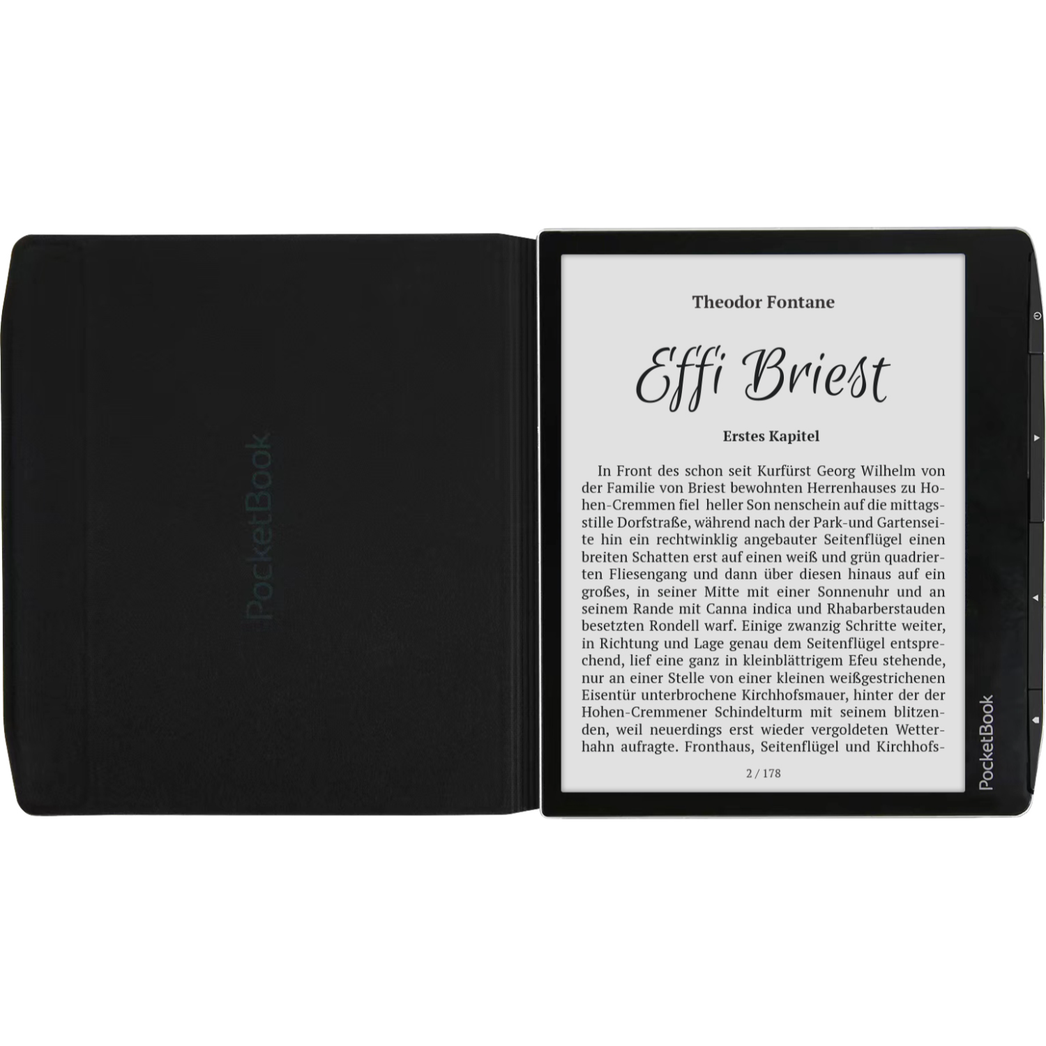 A black e-reader with an open book displaying text. 'Effi Briest' title visible.