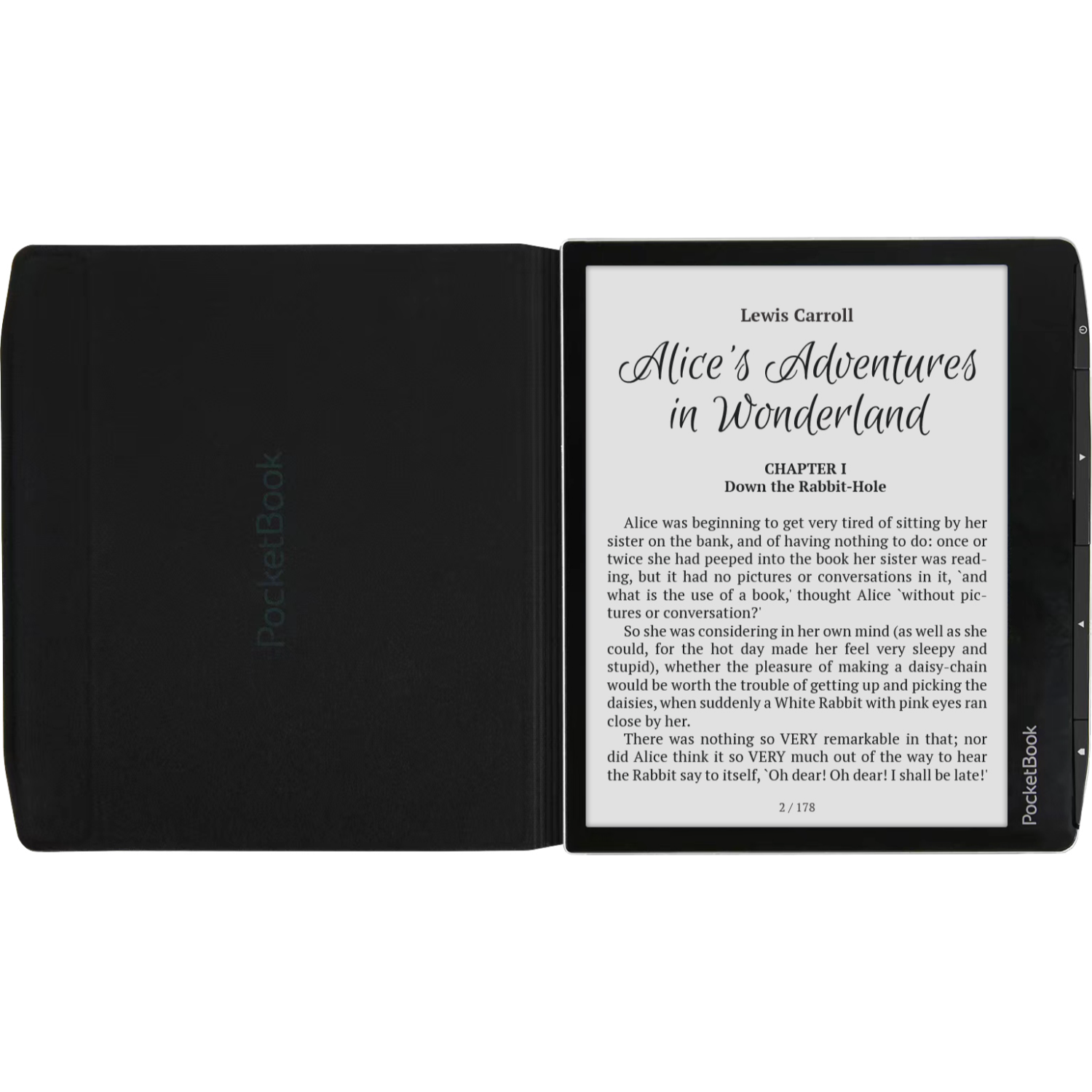 An opened black e-reader displaying the text 'Alice's Adventures in Wonderland'.