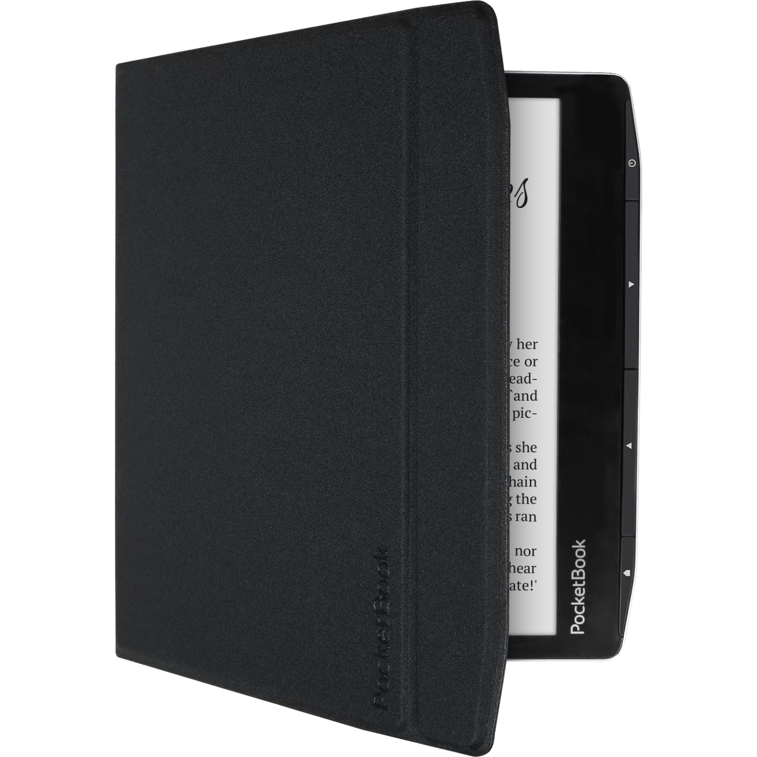 Black PocketBook e-reader in an open black cover, showing a page of text.