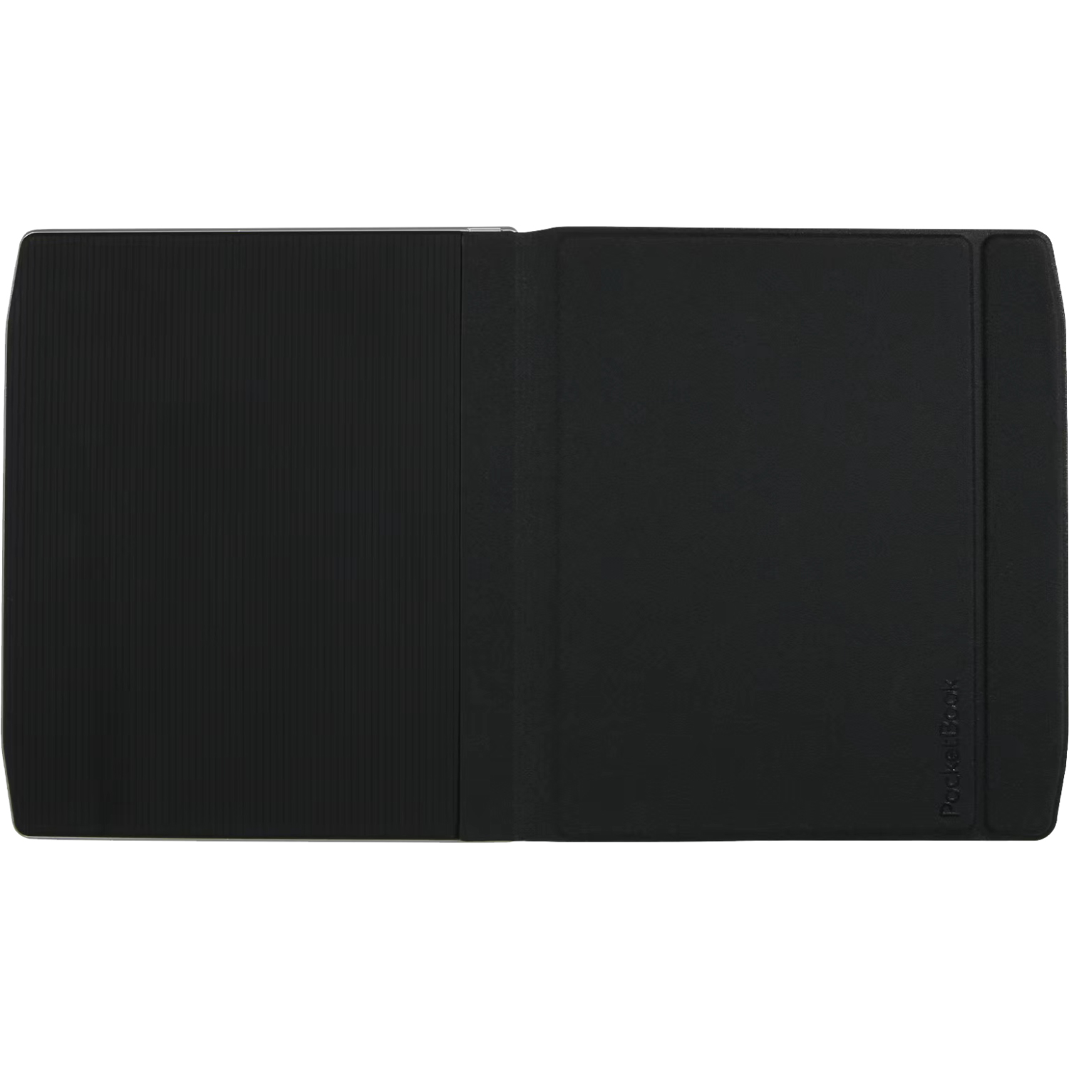 Black open pocket book cover with vertical lines on the left and blank on the right.