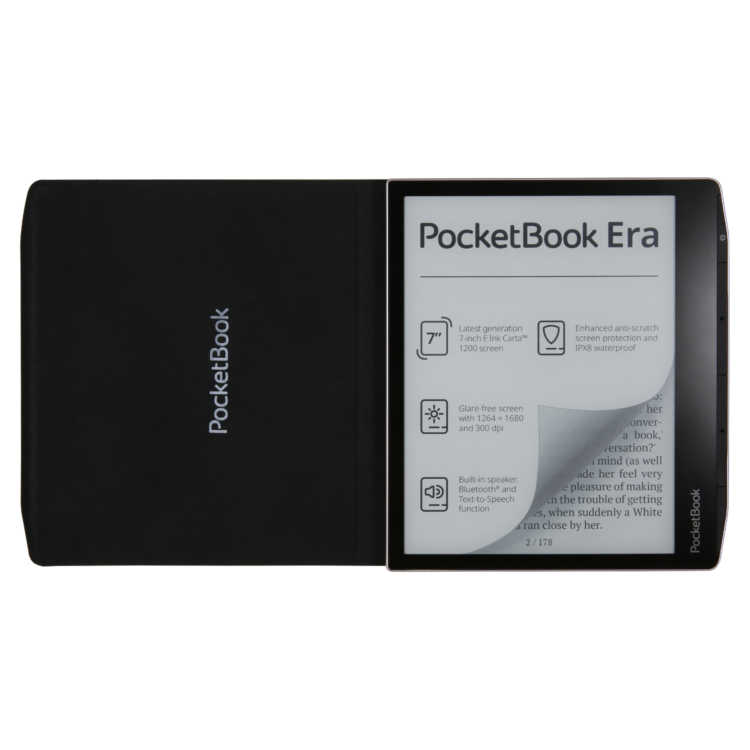 PocketBook Era e-reader met open cover. Zwart-wit scherm. Tekst zichtbaar. Witte achtergrond.