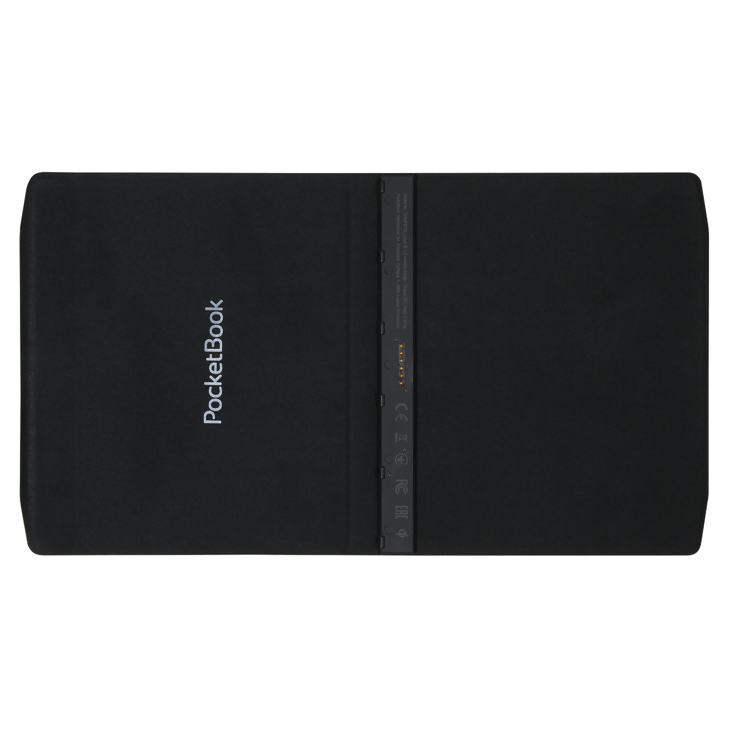 Zwarte PocketBook e-reader. De achterkant is afgebeeld. PocketBook staat op de voorkant.