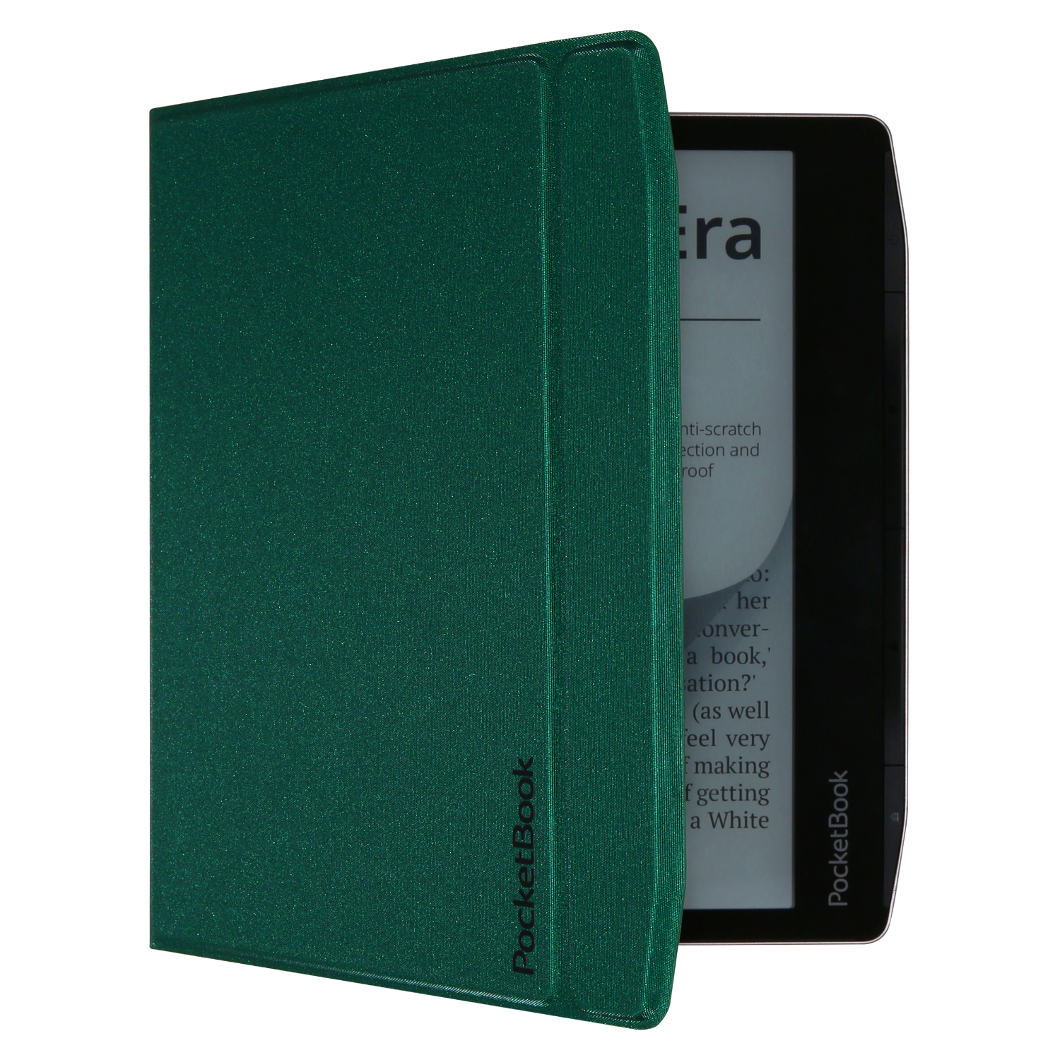 Een groene e-reader hoes, gedeeltelijk open, met de e-reader die een zwart scherm toont.