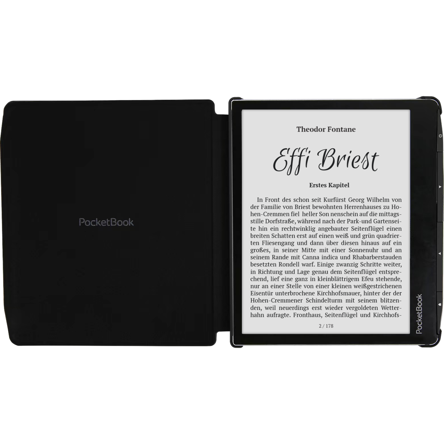 Een e-reader met tekst, in een zwarte hoes, open op een wit oppervlak.
