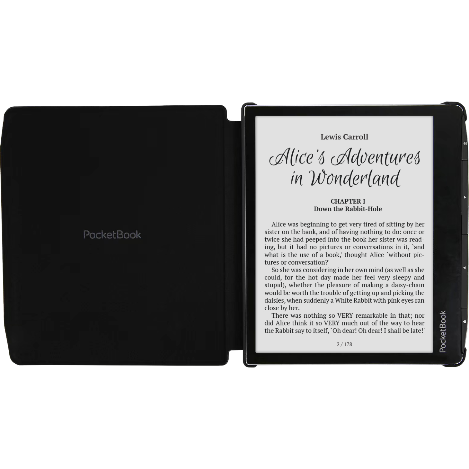 Open zwarte e-reader met tekst uit Alice in Wonderland.