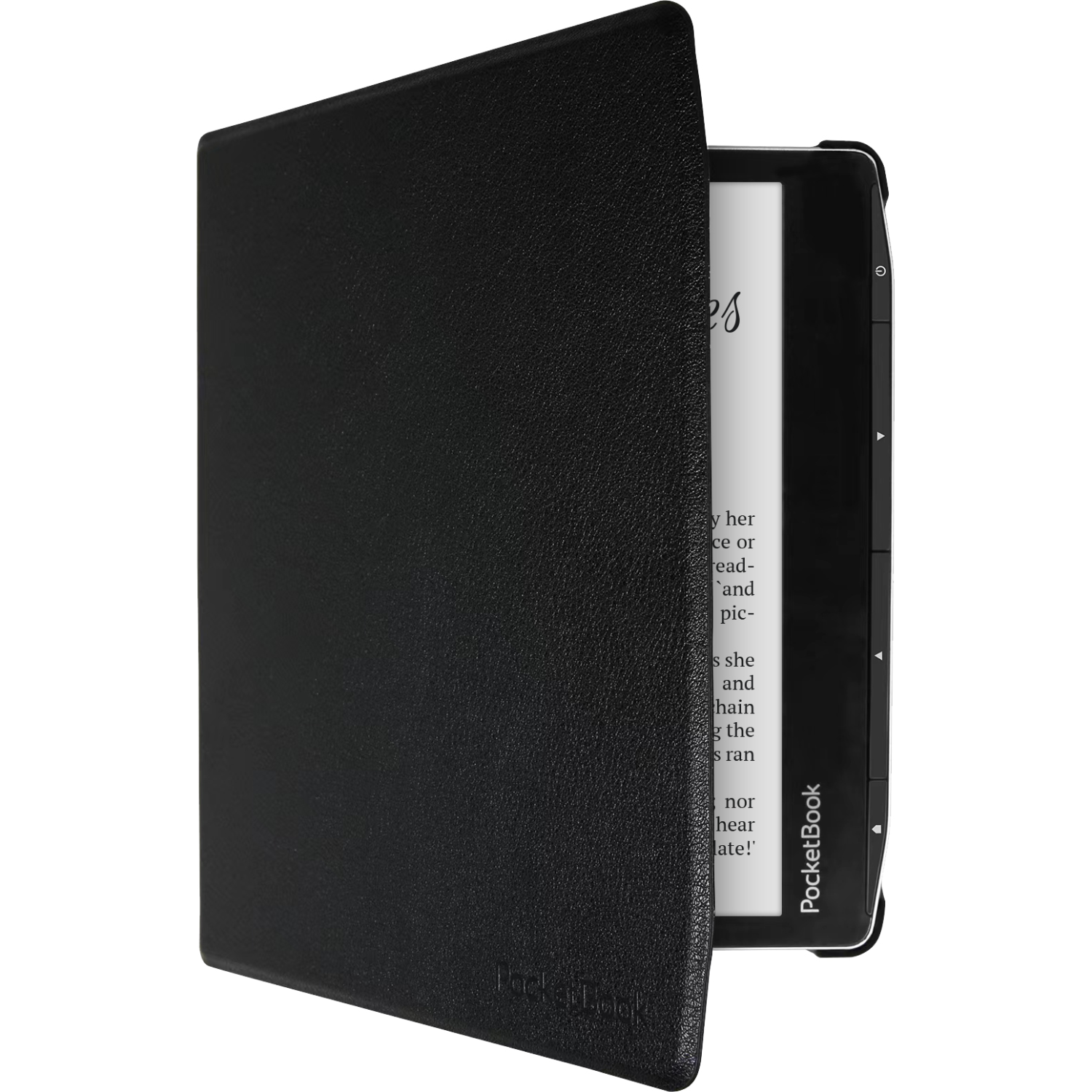 Zwarte e-reader met een hoes. Het scherm toont tekst uit een boek.