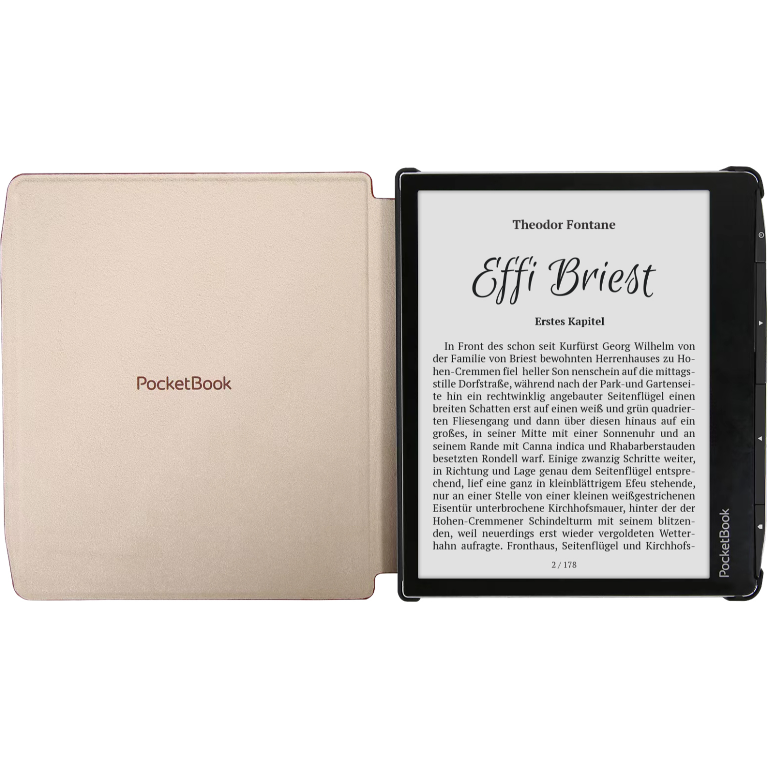 Een e-reader met een beige hoes. Het scherm toont tekst in zwarte letters.