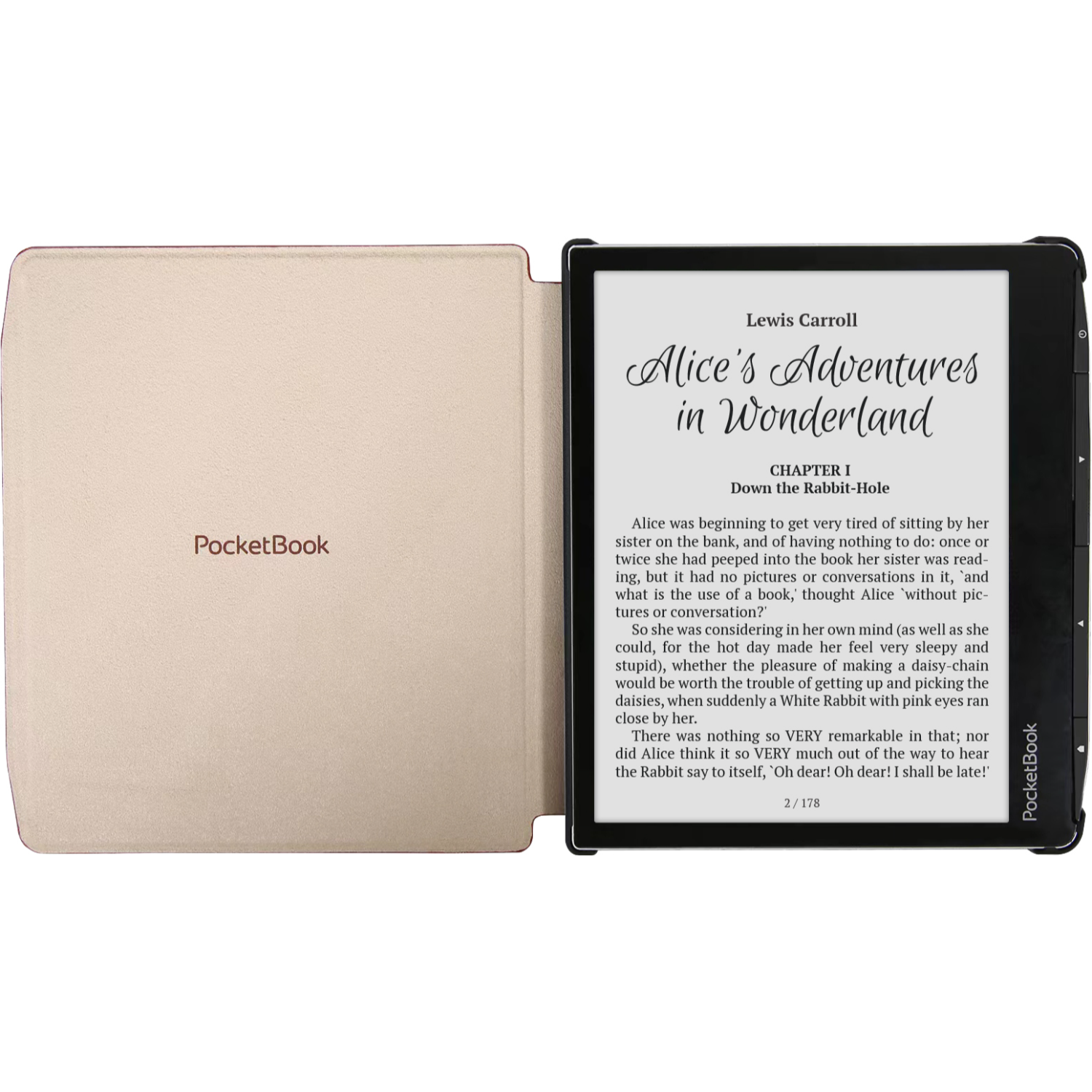Een open PocketBook e-reader die de tekst 'Alice in Wonderland' weergeeft.