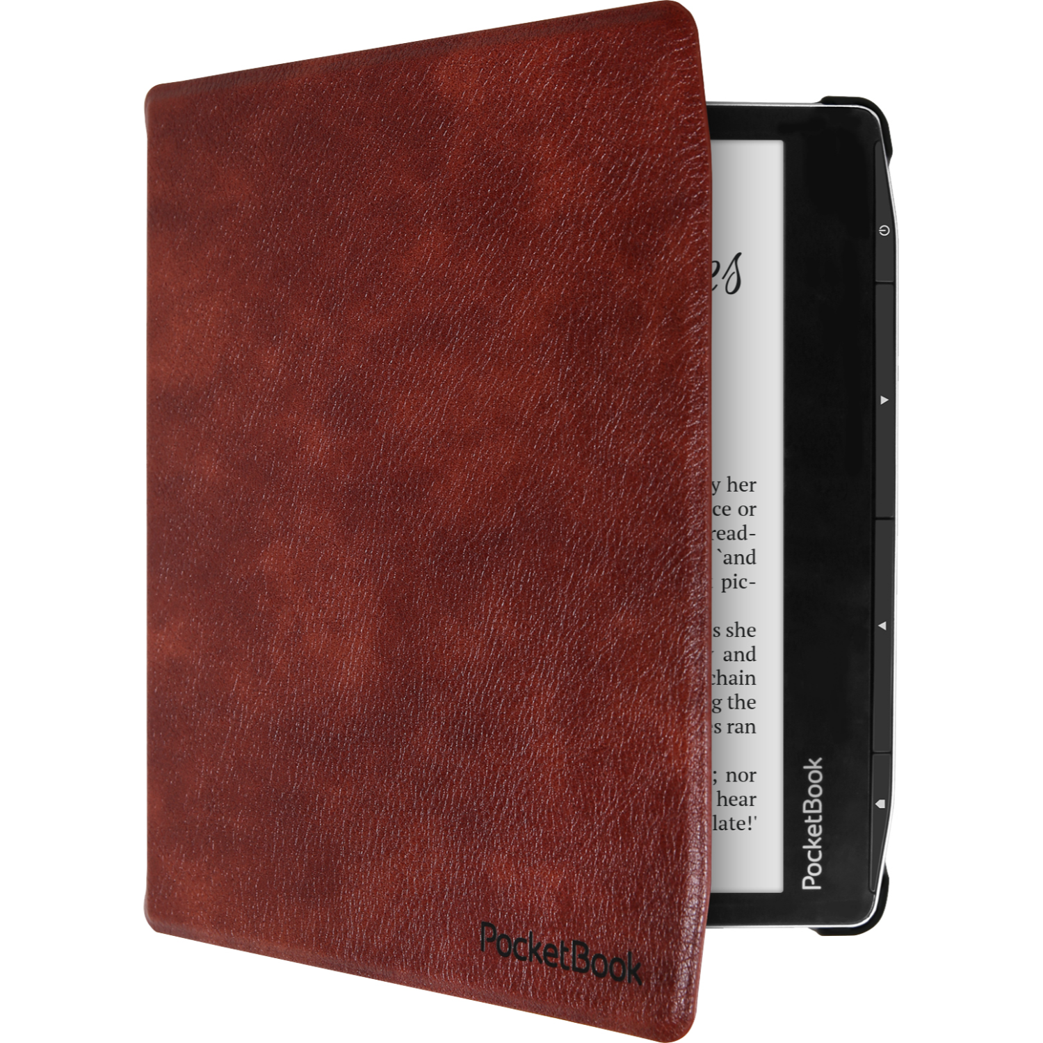 Bruine leren e-reader hoes, gedeeltelijk open, onthult de e-reader.