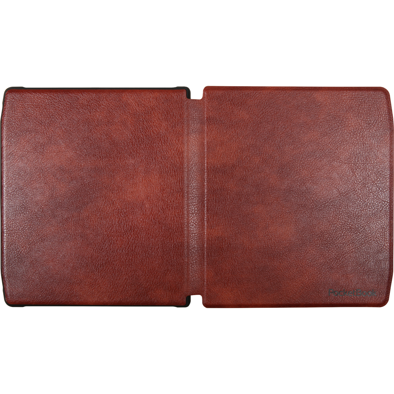 Open bruine e-reader-hoes met PocketBook-logo.